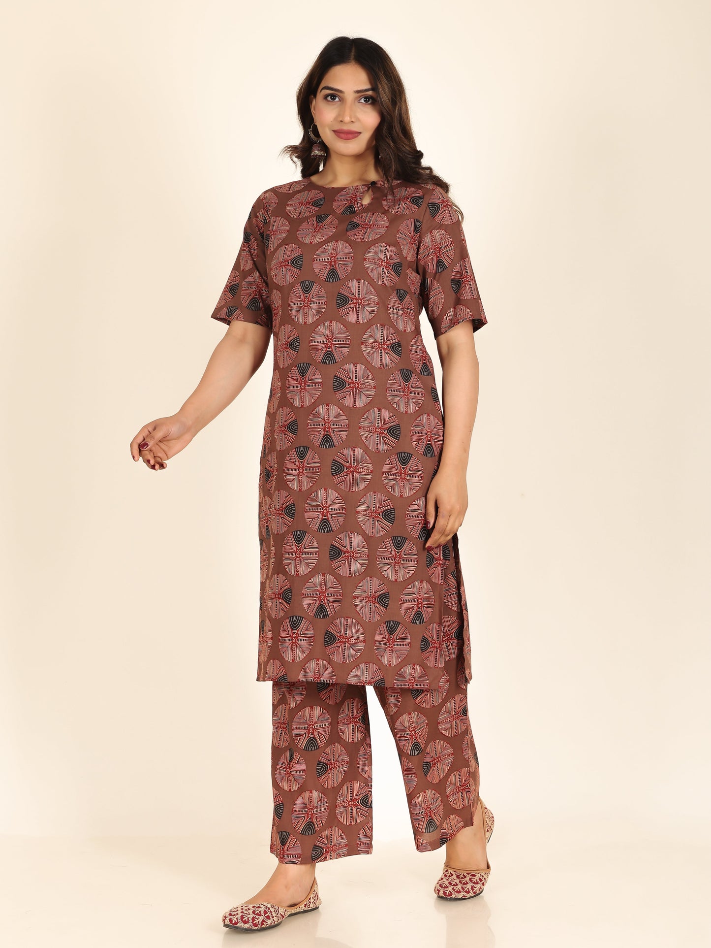 Soft Cotton Abstract Straight Brown Kurta