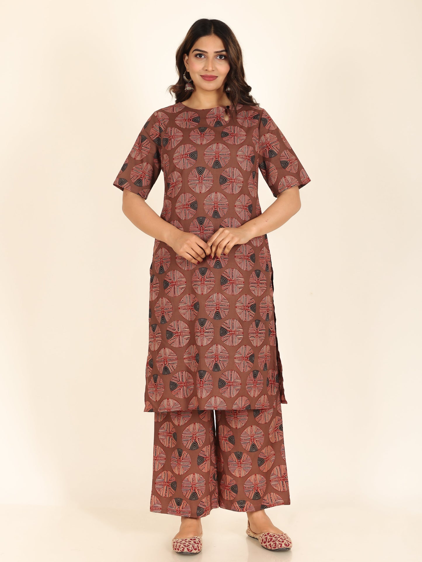 Soft Cotton Abstract Straight Brown Kurta