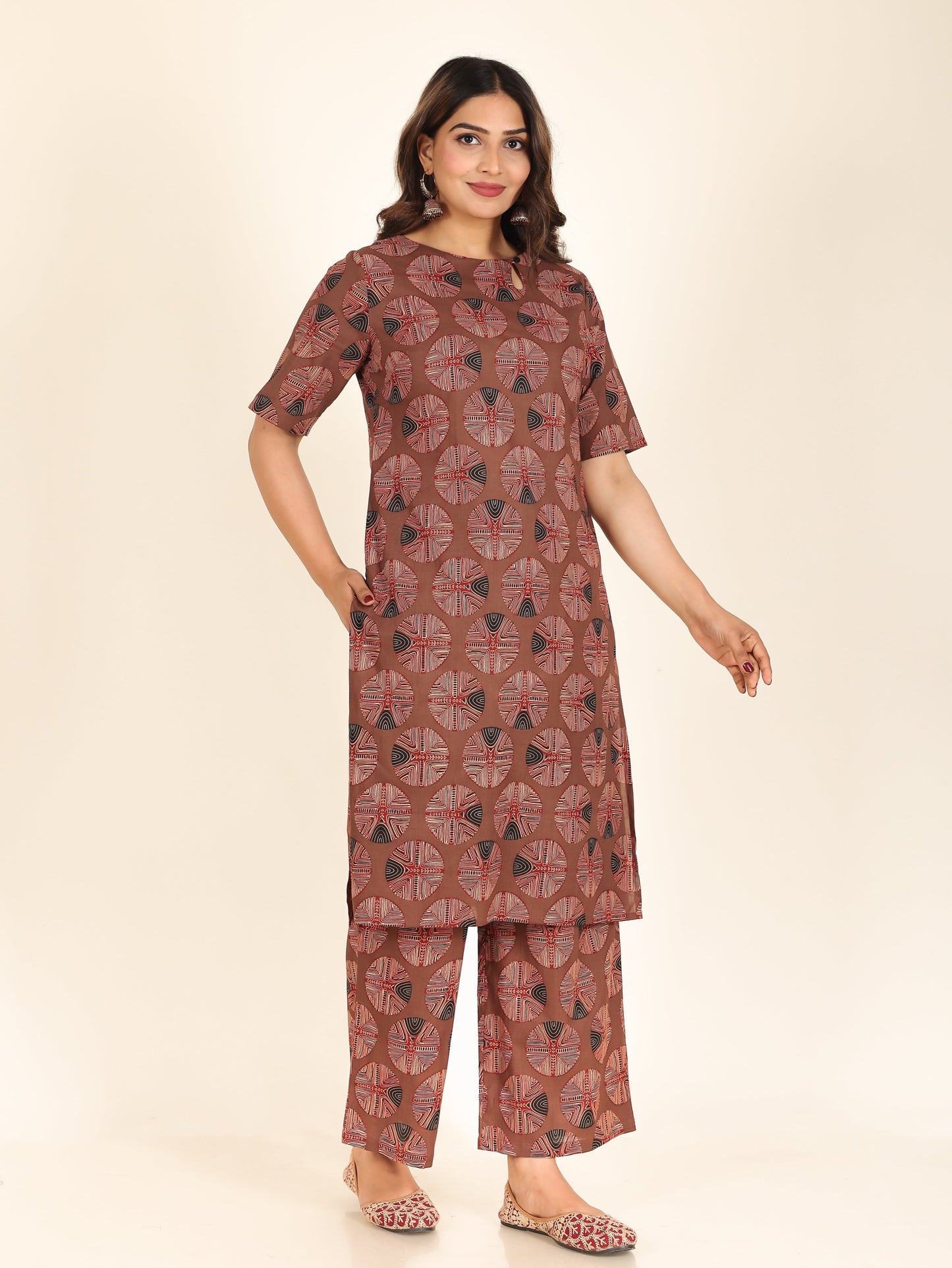 Soft Cotton Abstract Straight Brown Kurta