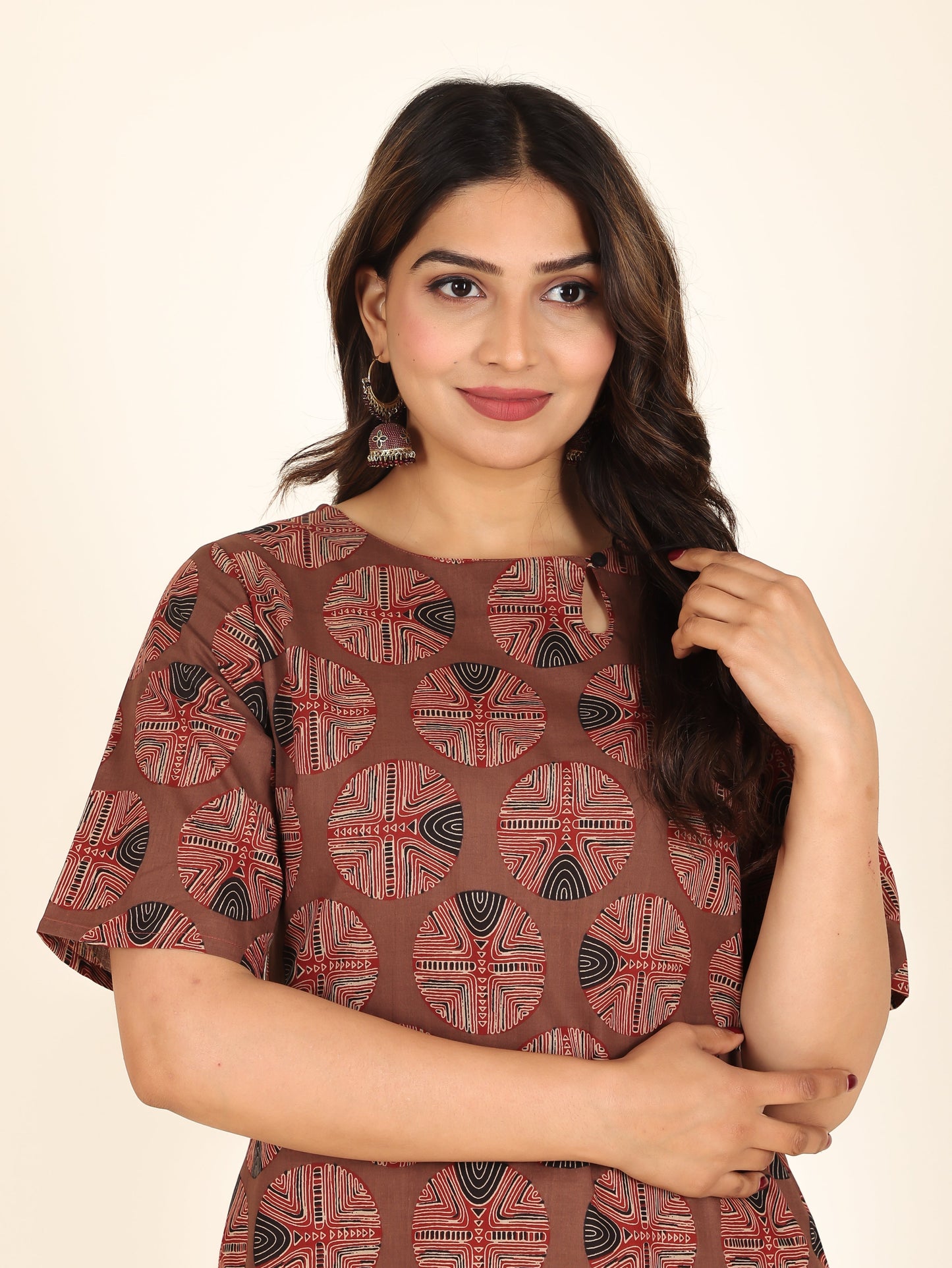 Soft Cotton Abstract Straight Brown Kurta