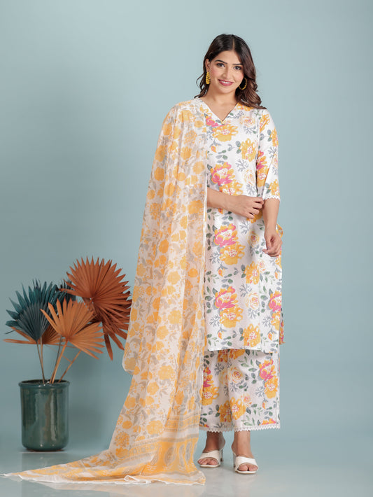 Voile Cotton Floral White Dupatta