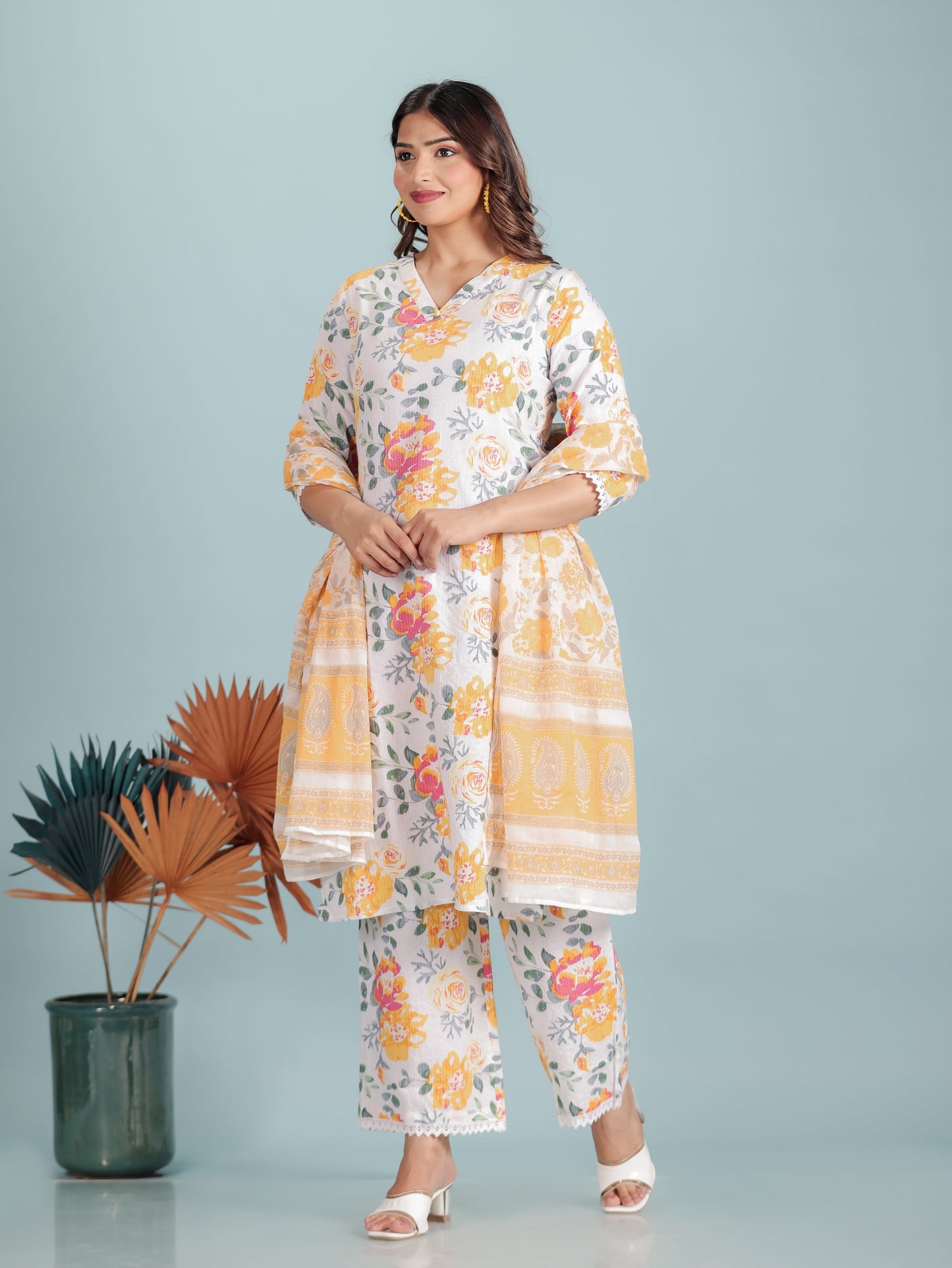 Kantha Cotton Floral Straight White Kurta