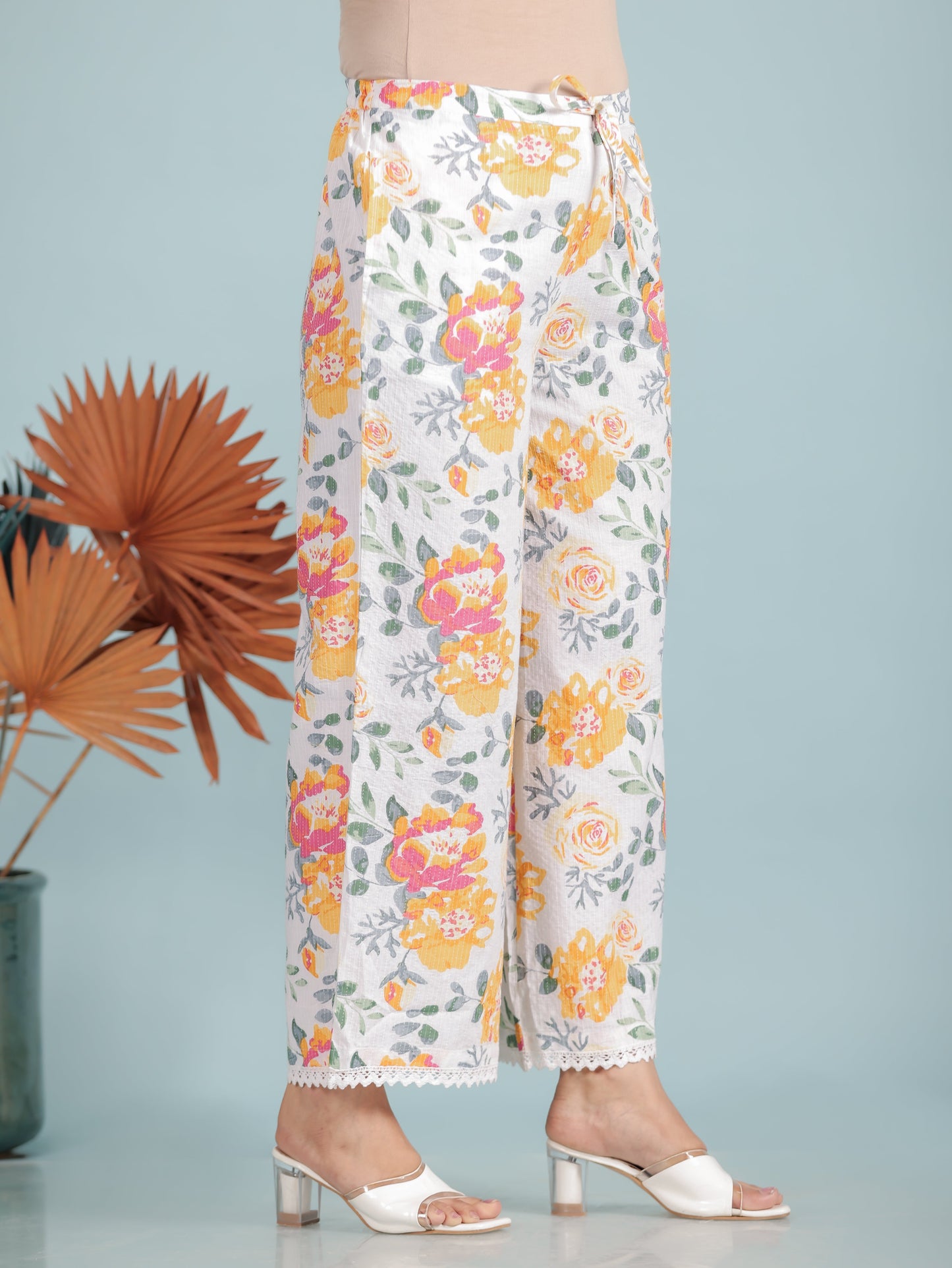 Kantha Cotton Floral Straight White Kurta