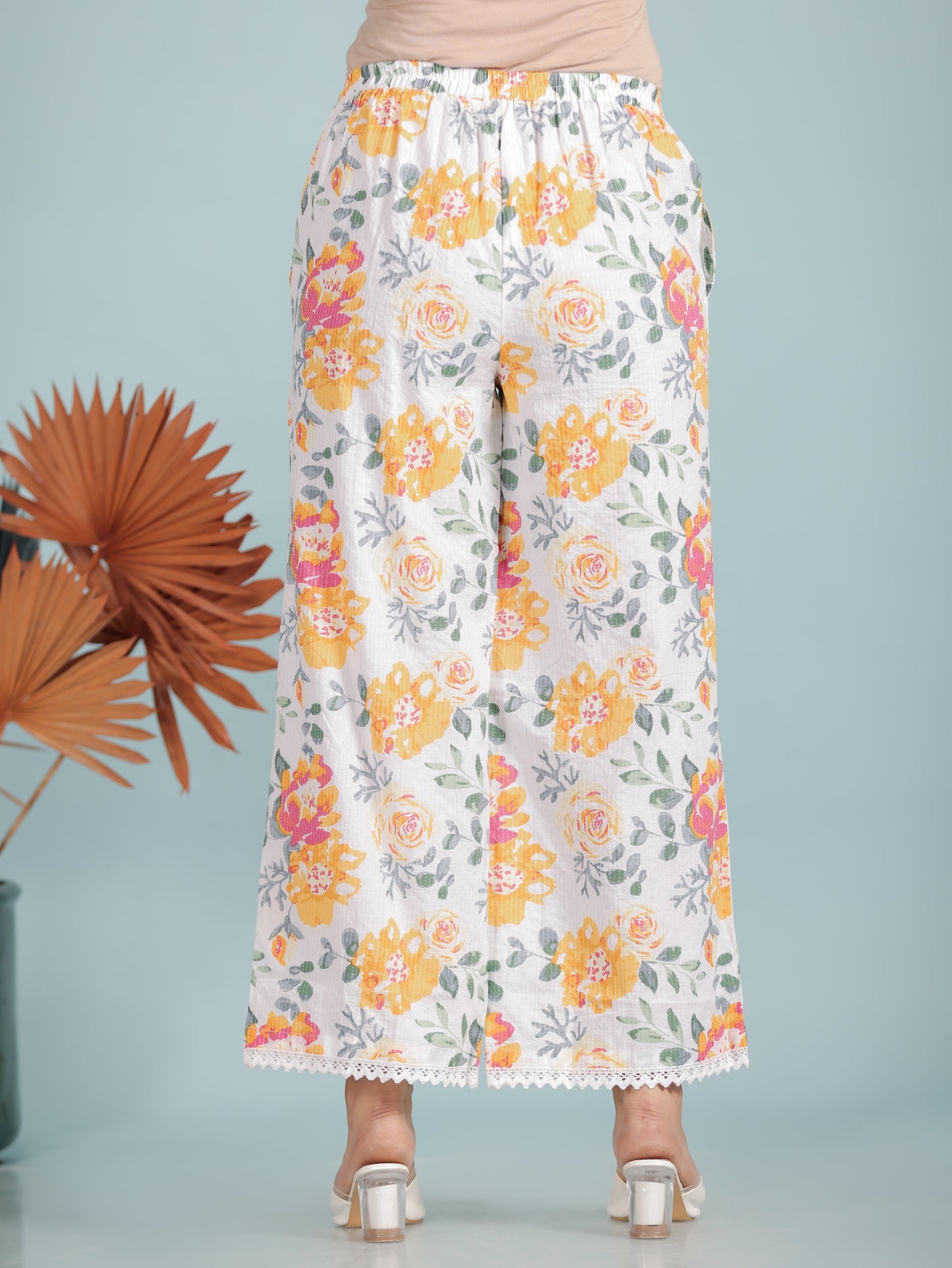 Kantha Cotton Floral Straight White Kurta