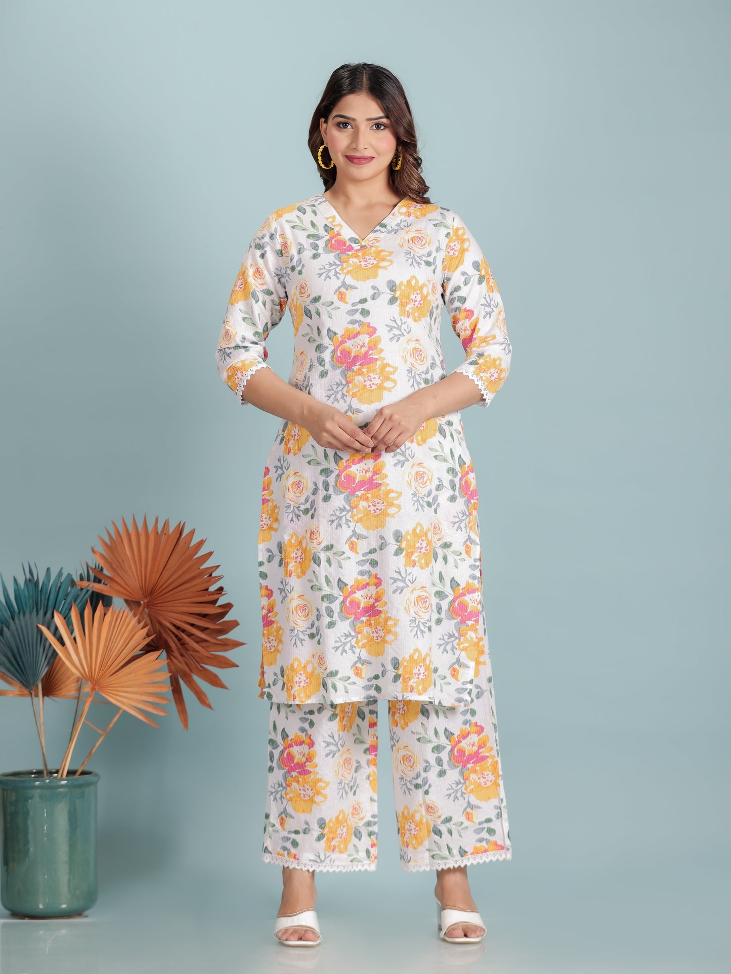 Kantha Cotton Floral Straight White Kurta