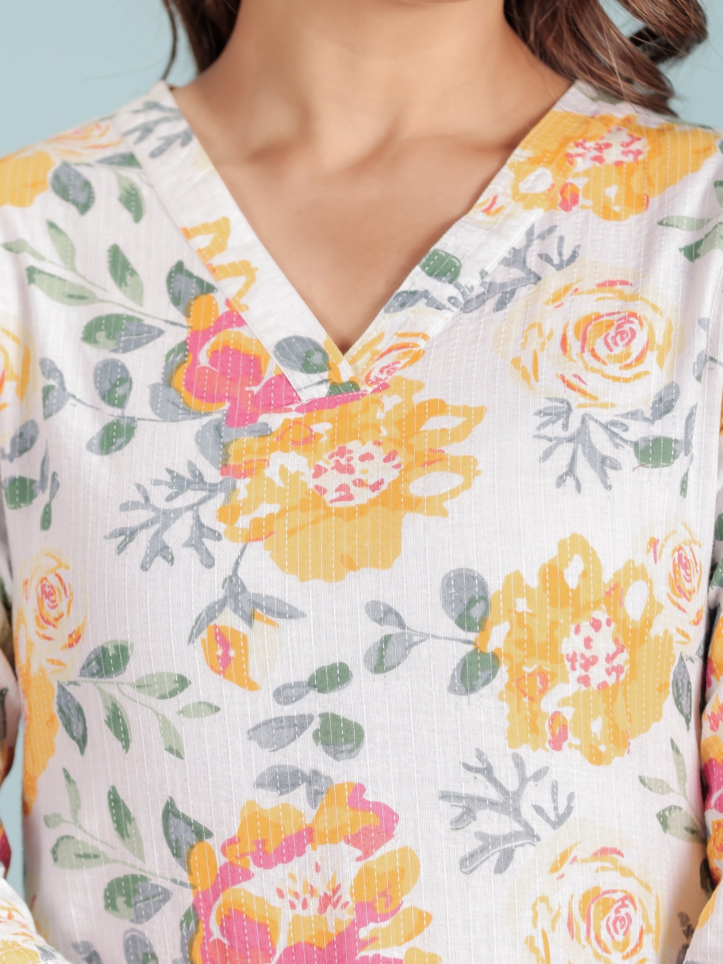 Kantha Cotton Floral Straight White Kurta