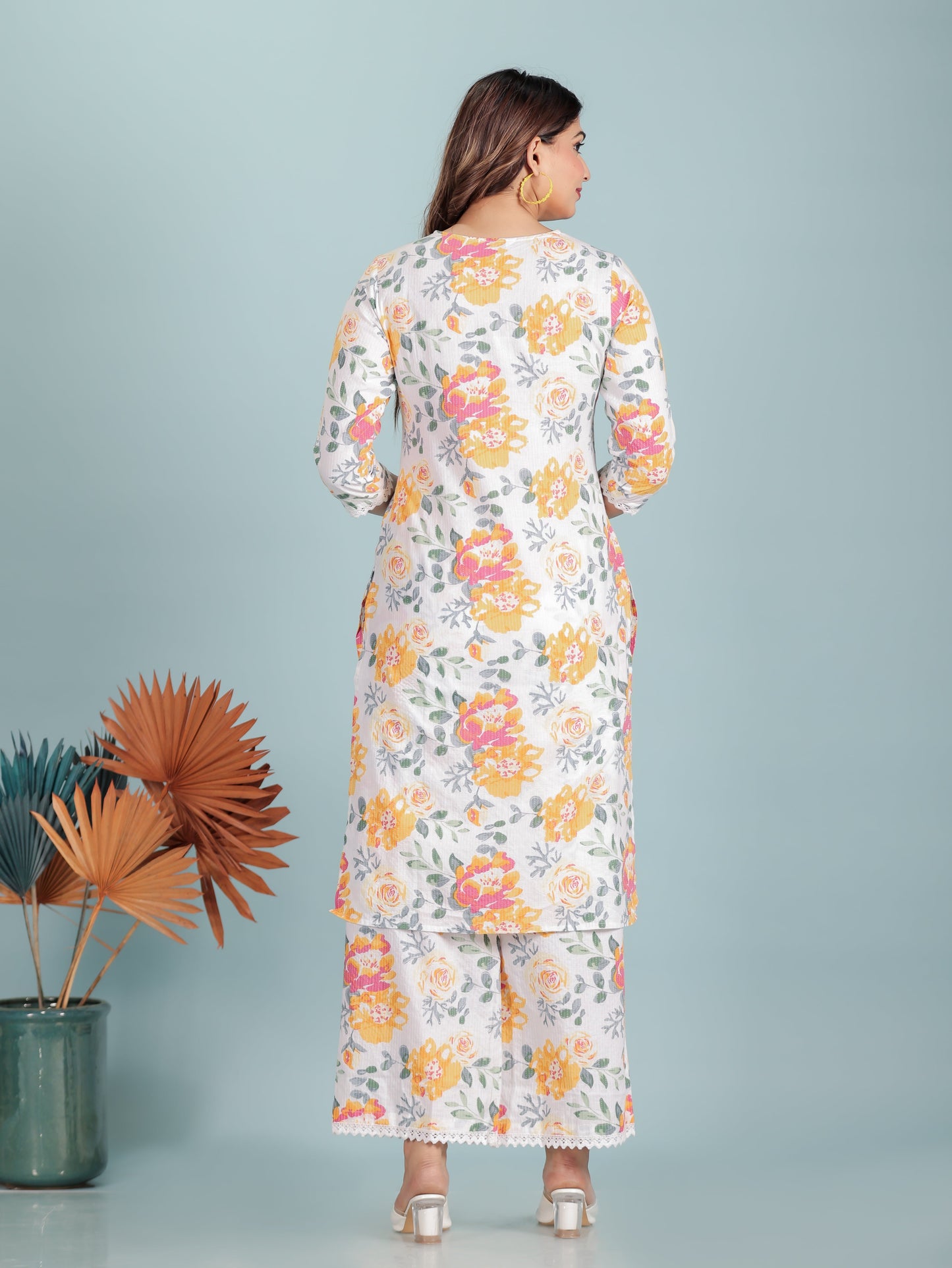 Kantha Cotton Floral Straight White Kurta