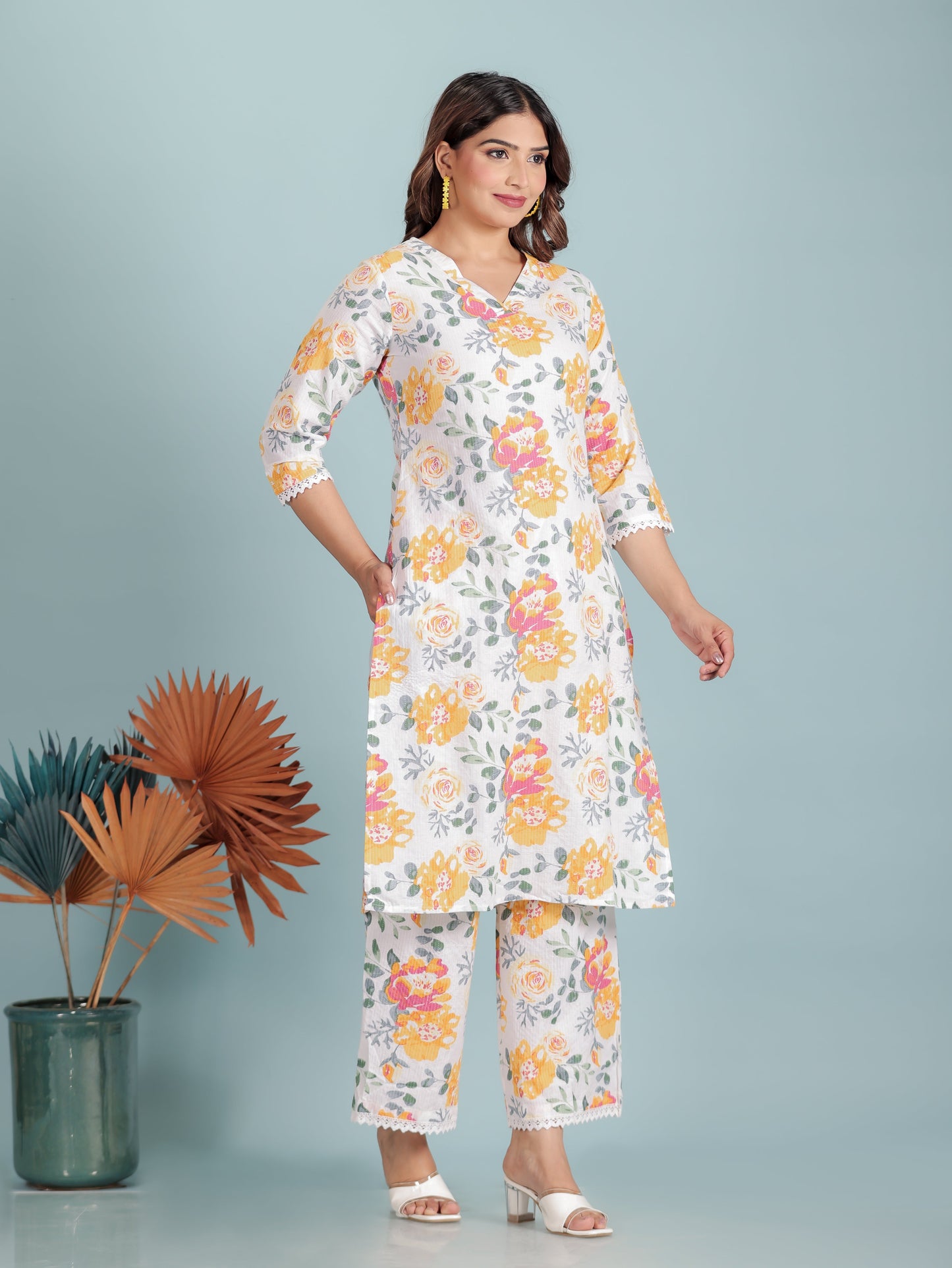Kantha Cotton Floral Straight White Kurta