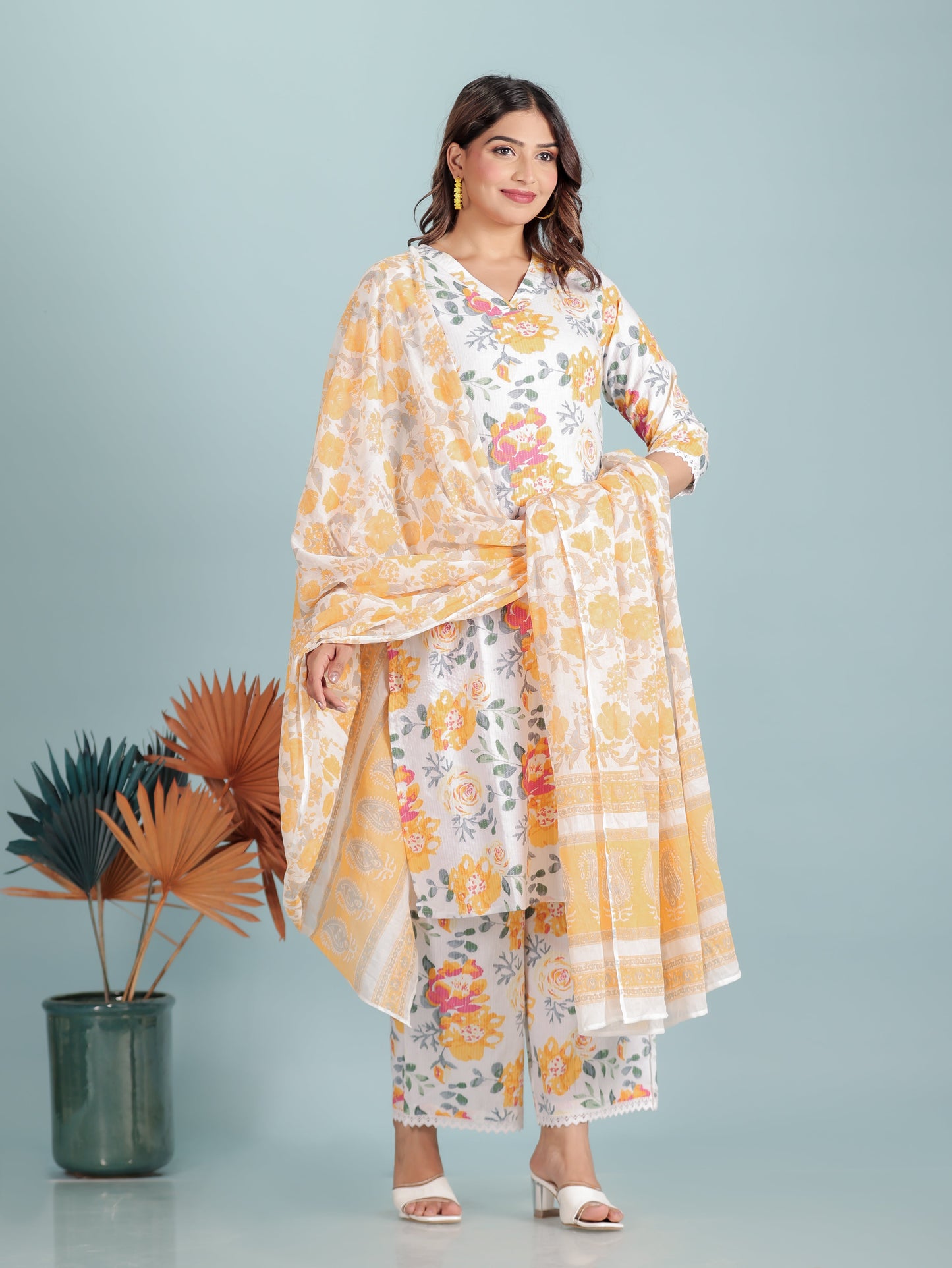 Kantha Cotton Floral Straight White Kurta