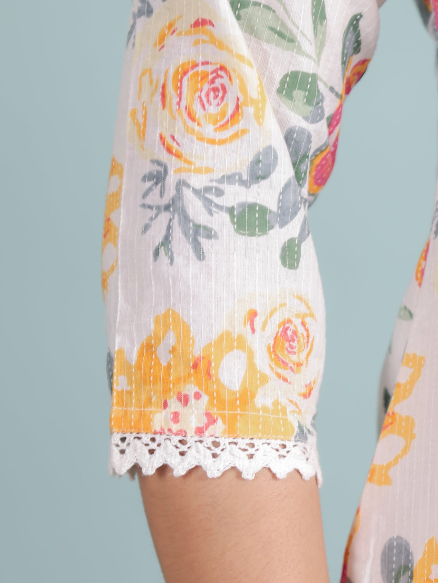 Kantha Cotton Floral Straight White Kurta