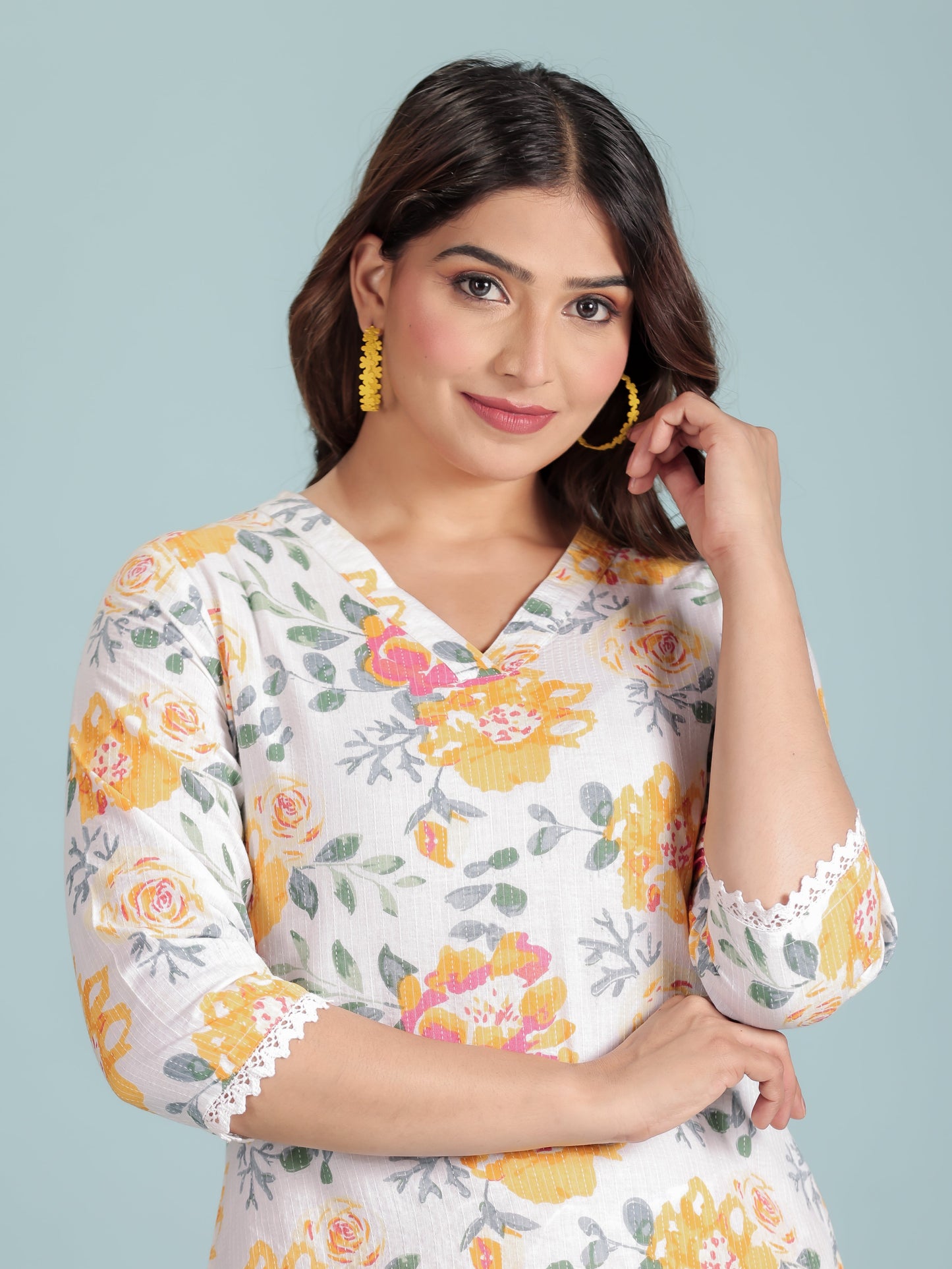 Kantha Cotton Floral Straight White Kurta