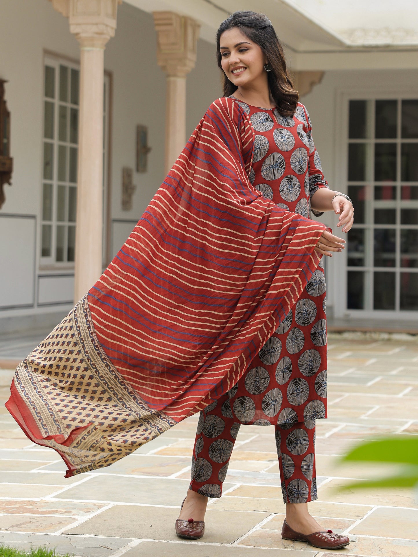 Voile Cotton Striped Maroon Dupatta