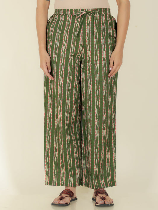 Soft Cotton Striped Green Straight Trousers