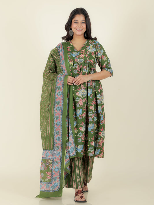 Soft Cotton Floral Anarkali Green Kurta