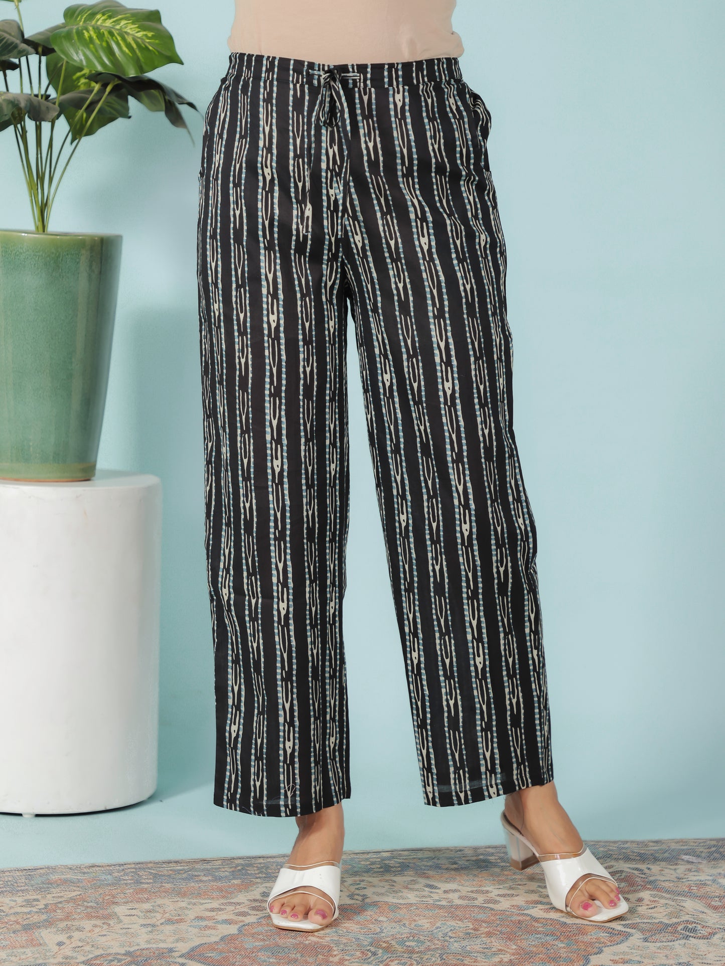 Soft Cotton Striped Black Straight Trousers