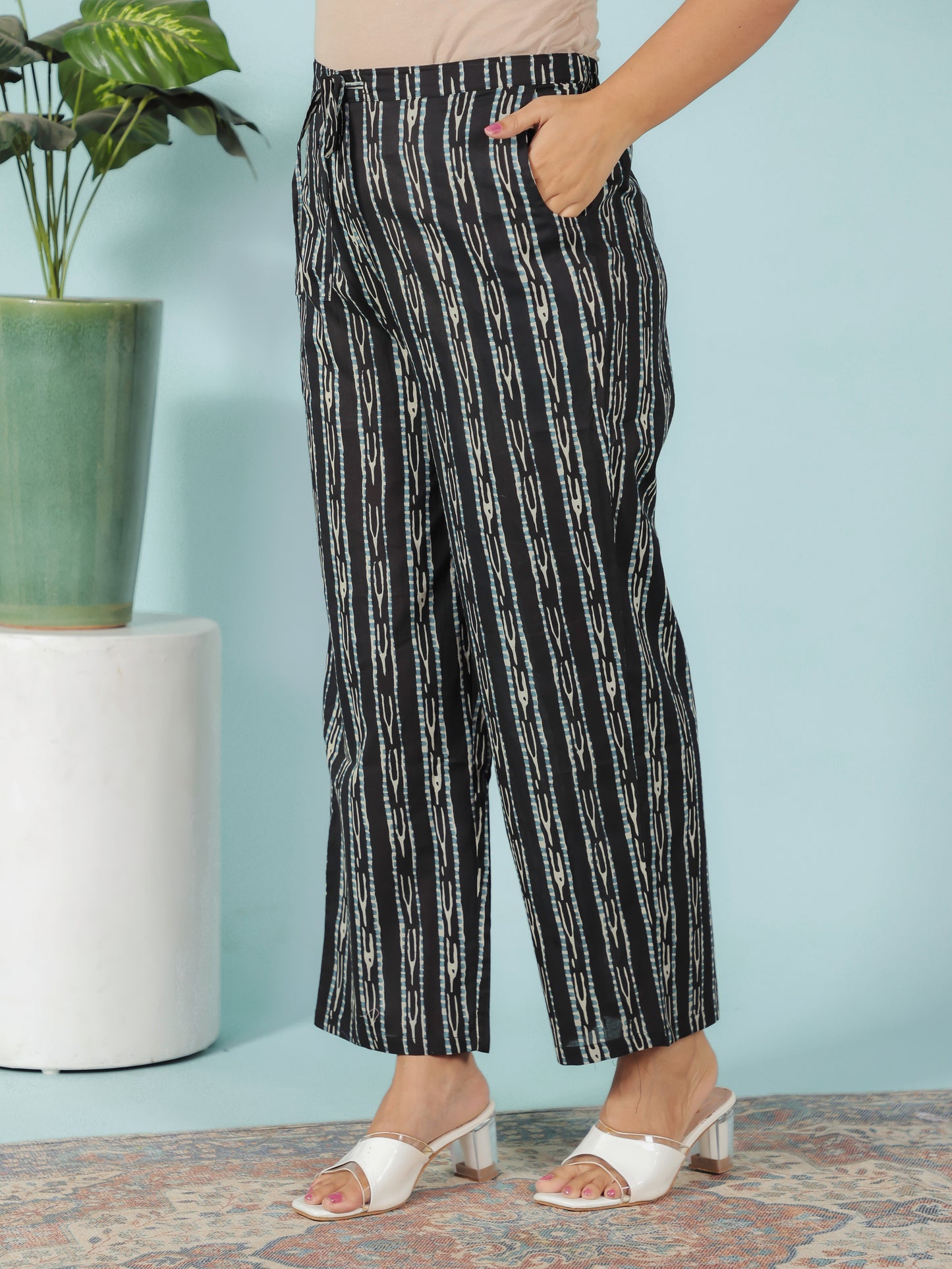 Soft Cotton Striped Black Straight Trousers
