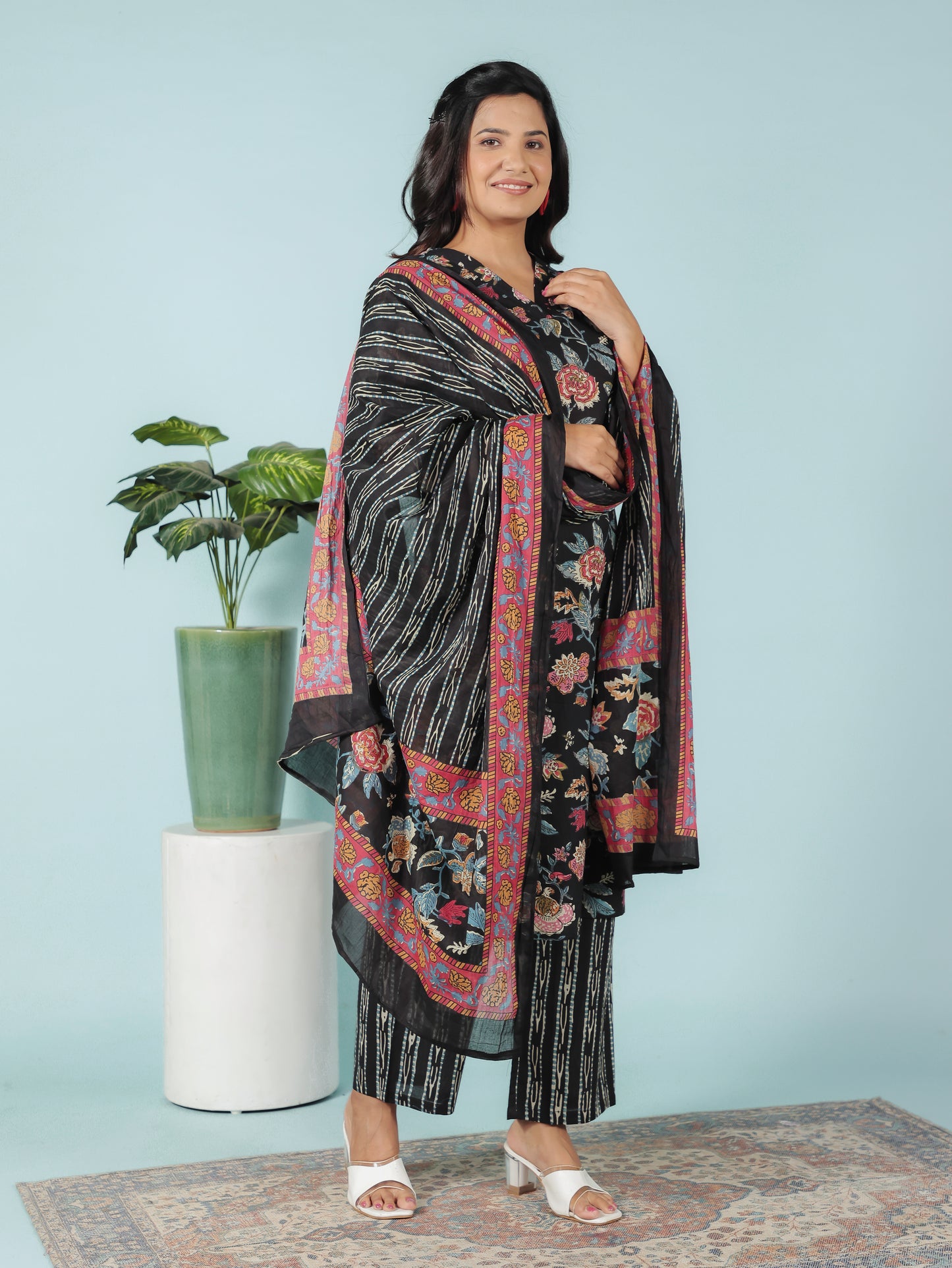 Cotton Voile Striped Black Dupatta
