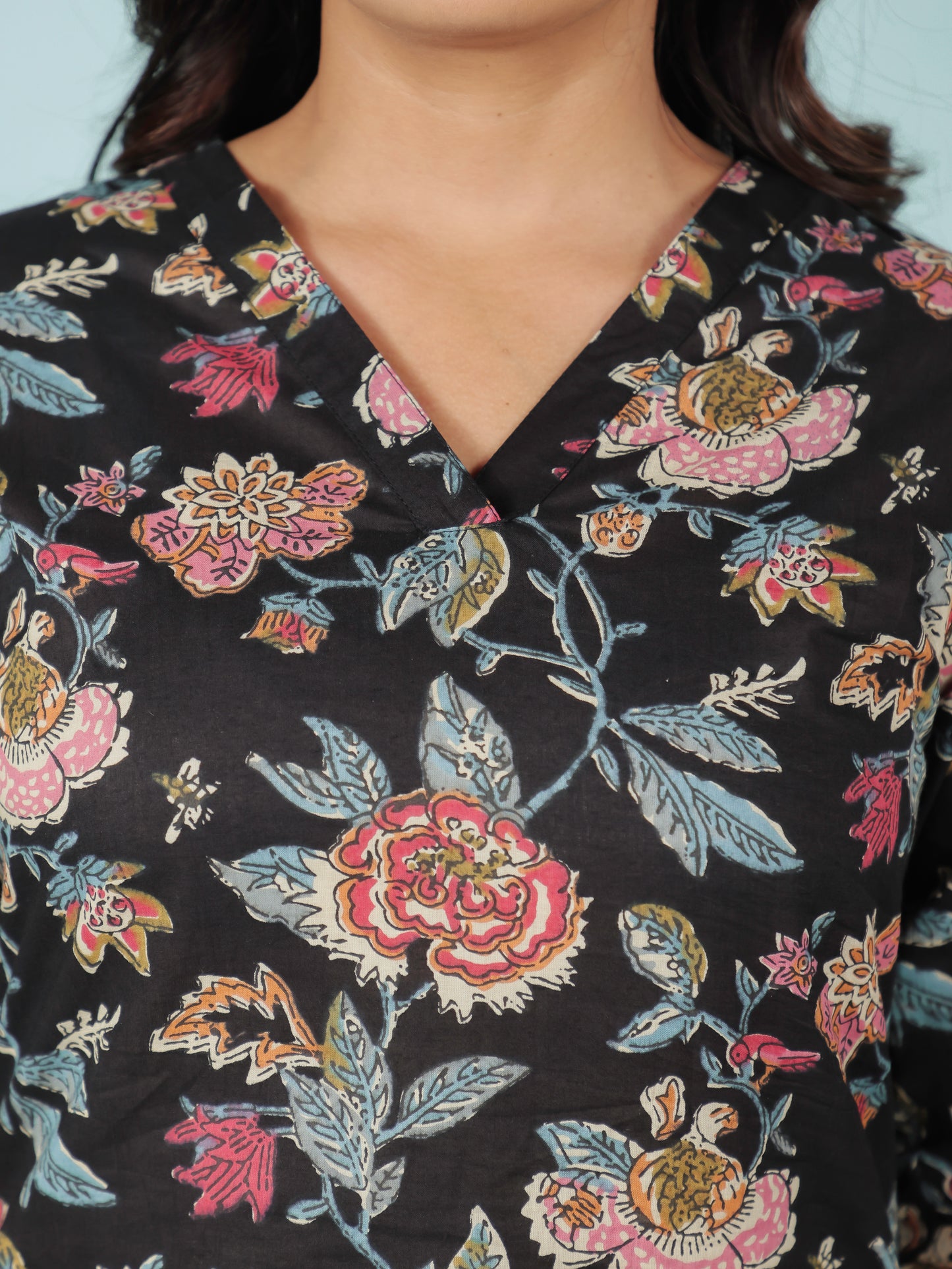 Soft Cotton Floral Straight Black Kurta