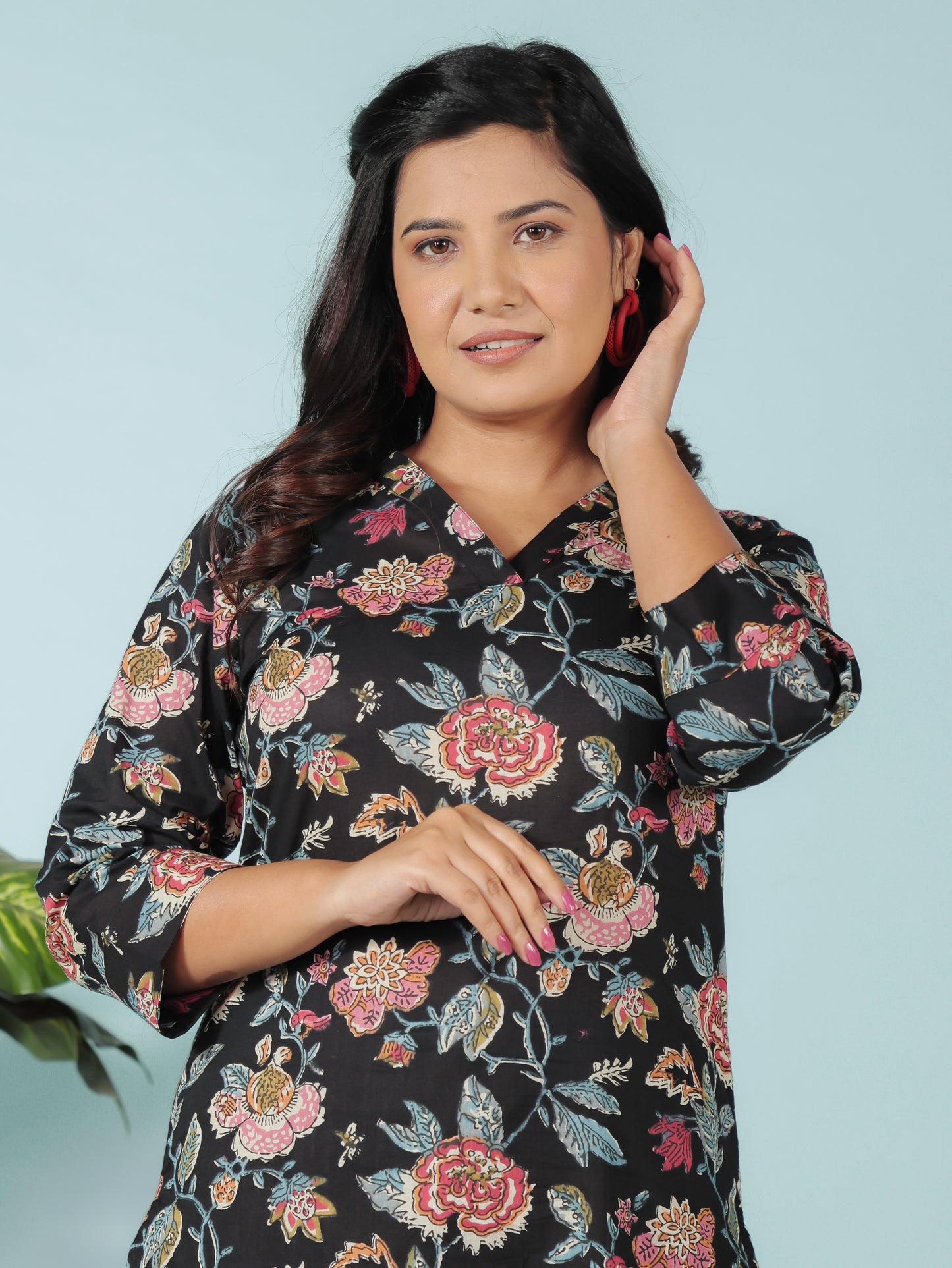 Soft Cotton Floral Straight Black Kurta