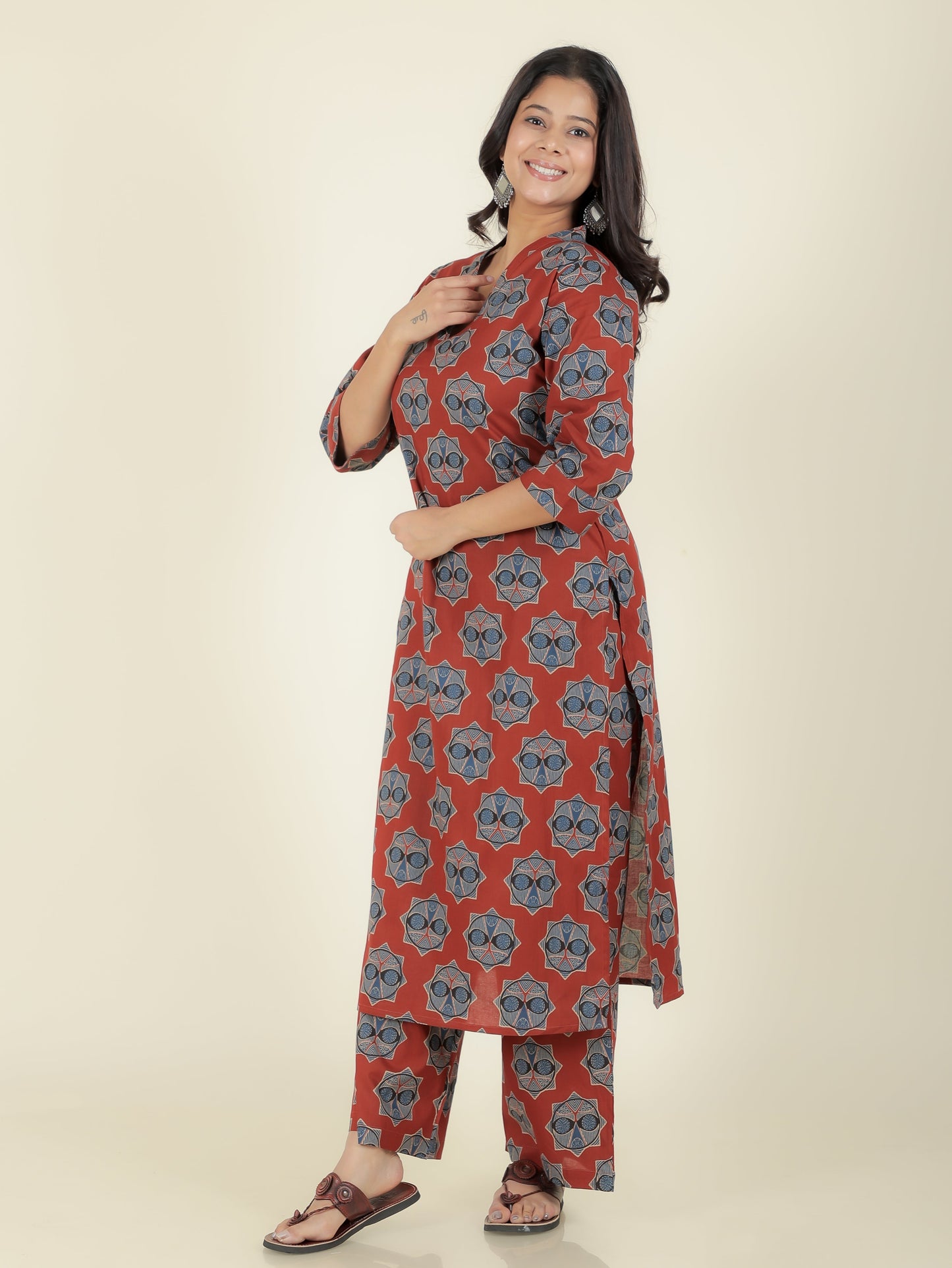 Soft Cotton Ajrakh Straight Red Kurta