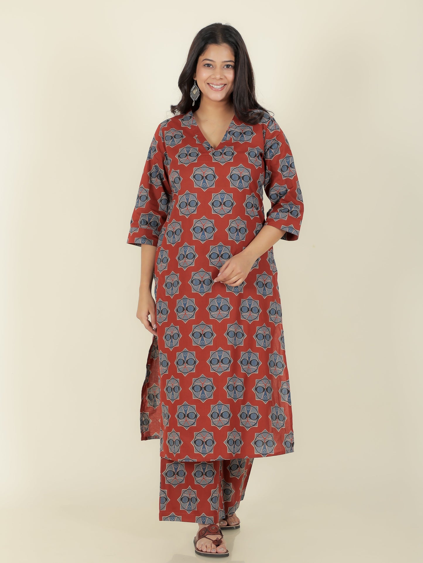 Soft Cotton Ajrakh Straight Red Kurta