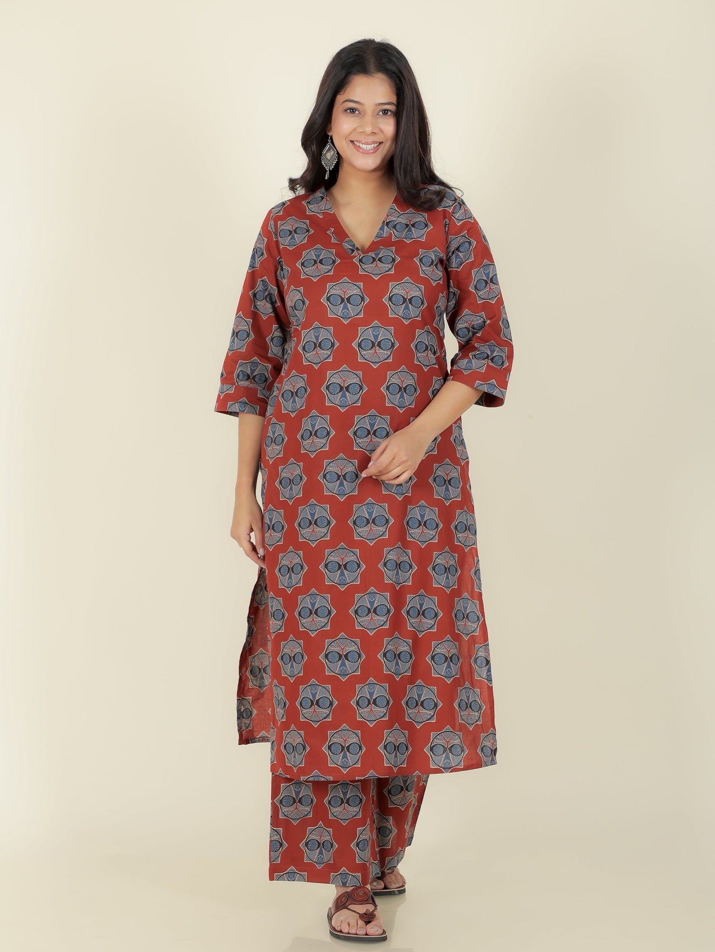 Soft Cotton Ajrakh Straight Red Kurta