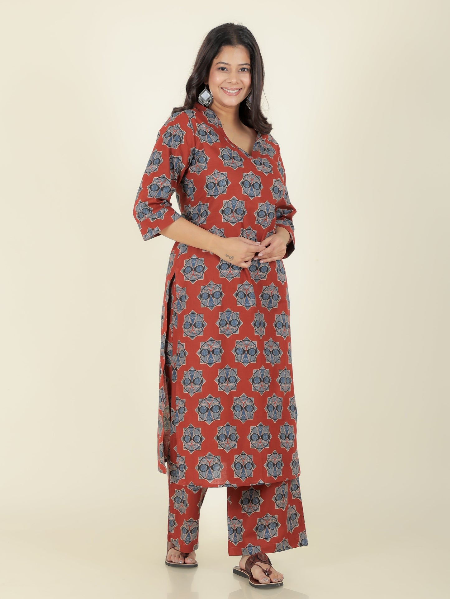Soft Cotton Ajrakh Straight Red Kurta