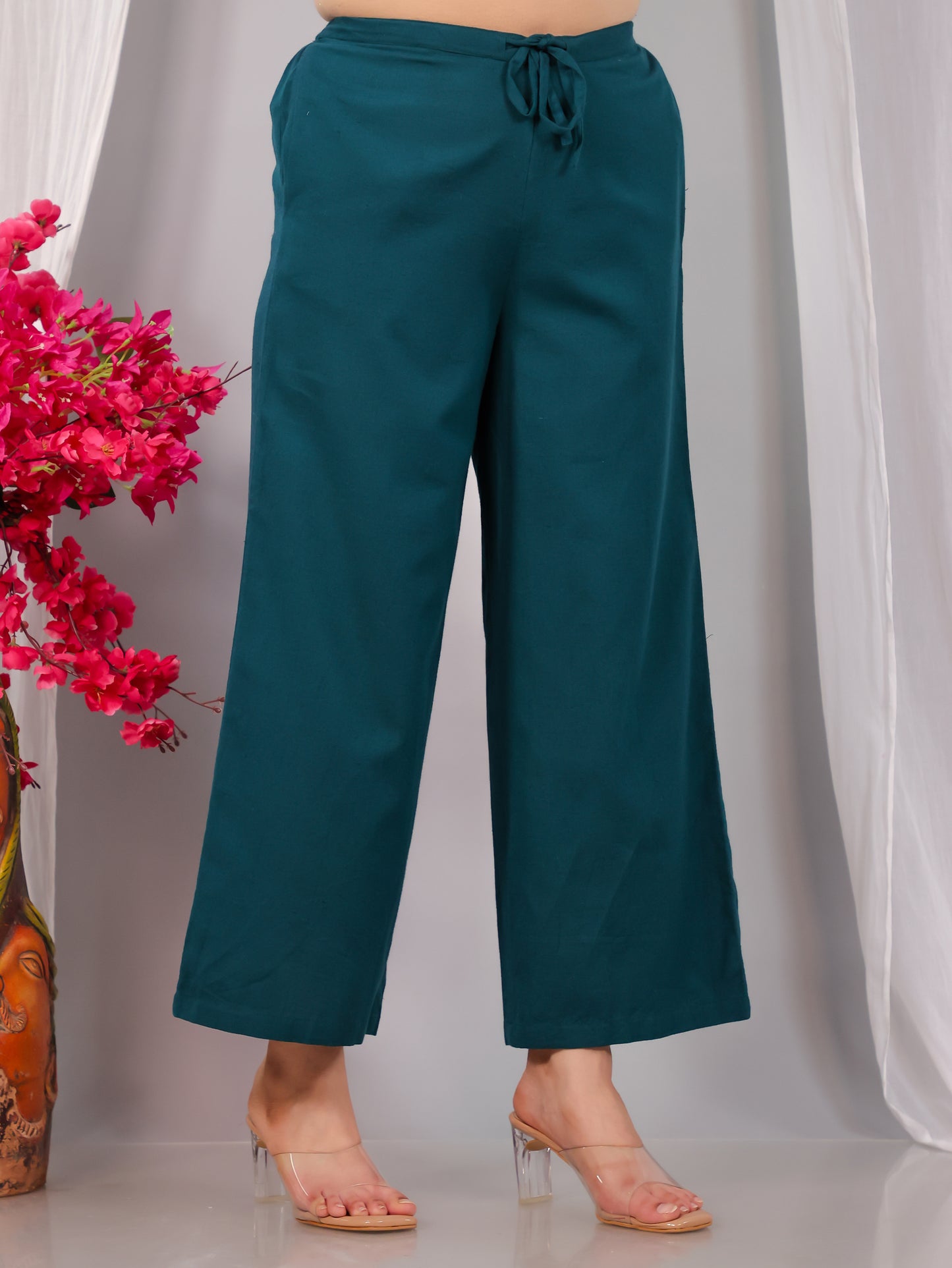 Linen Cotton Solid Dark Green Palazzo