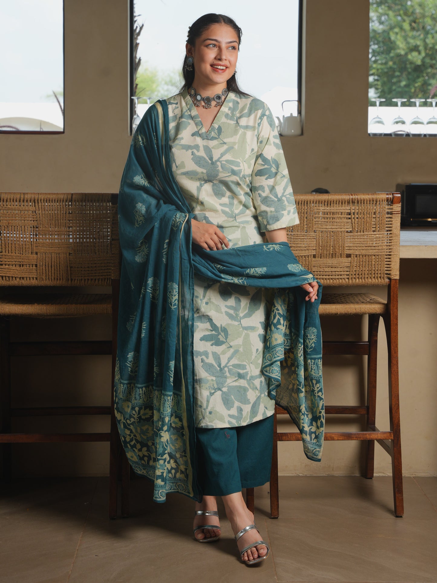 Cotton Voile Floral Teal Dupatta