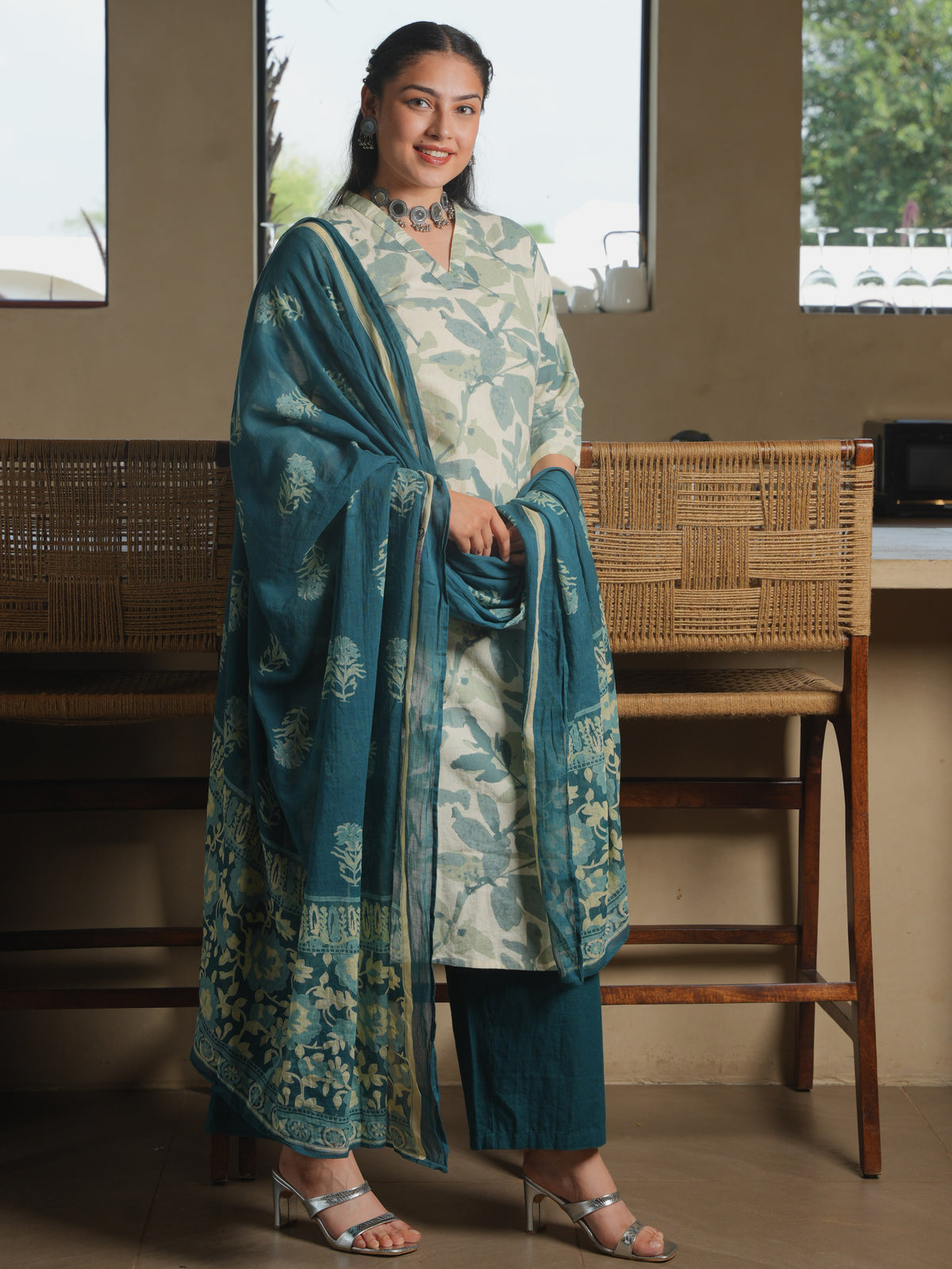 Cotton Voile Floral Teal Dupatta