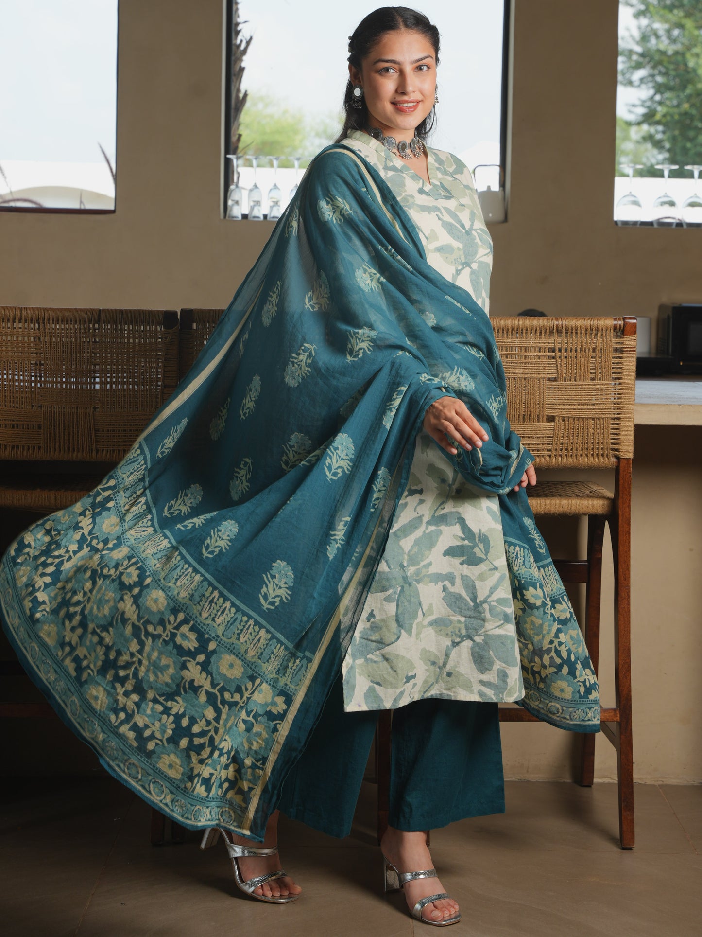 Cotton Voile Floral Teal Dupatta