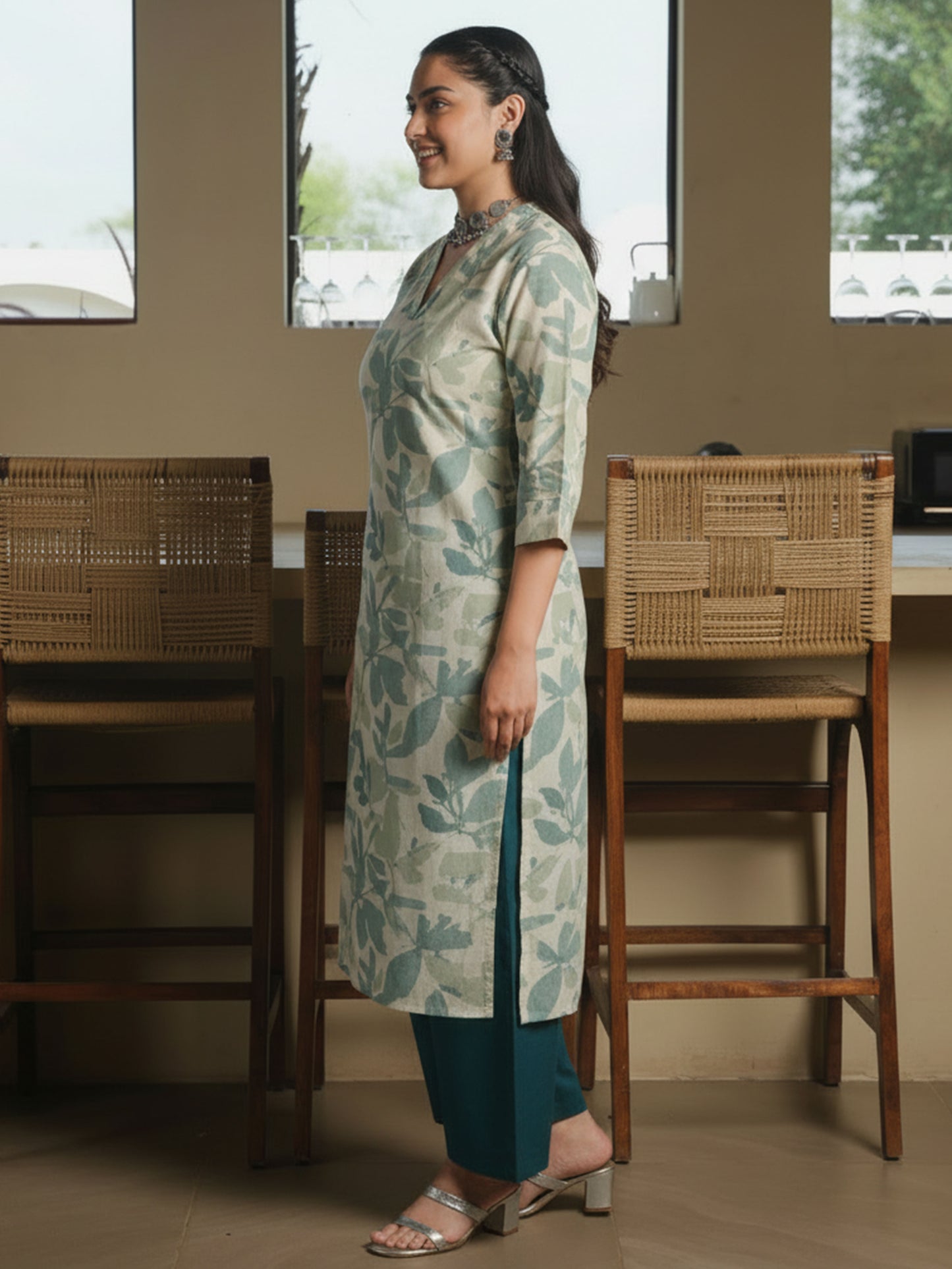 Linen Cotton Foliage Straight Green Kurta