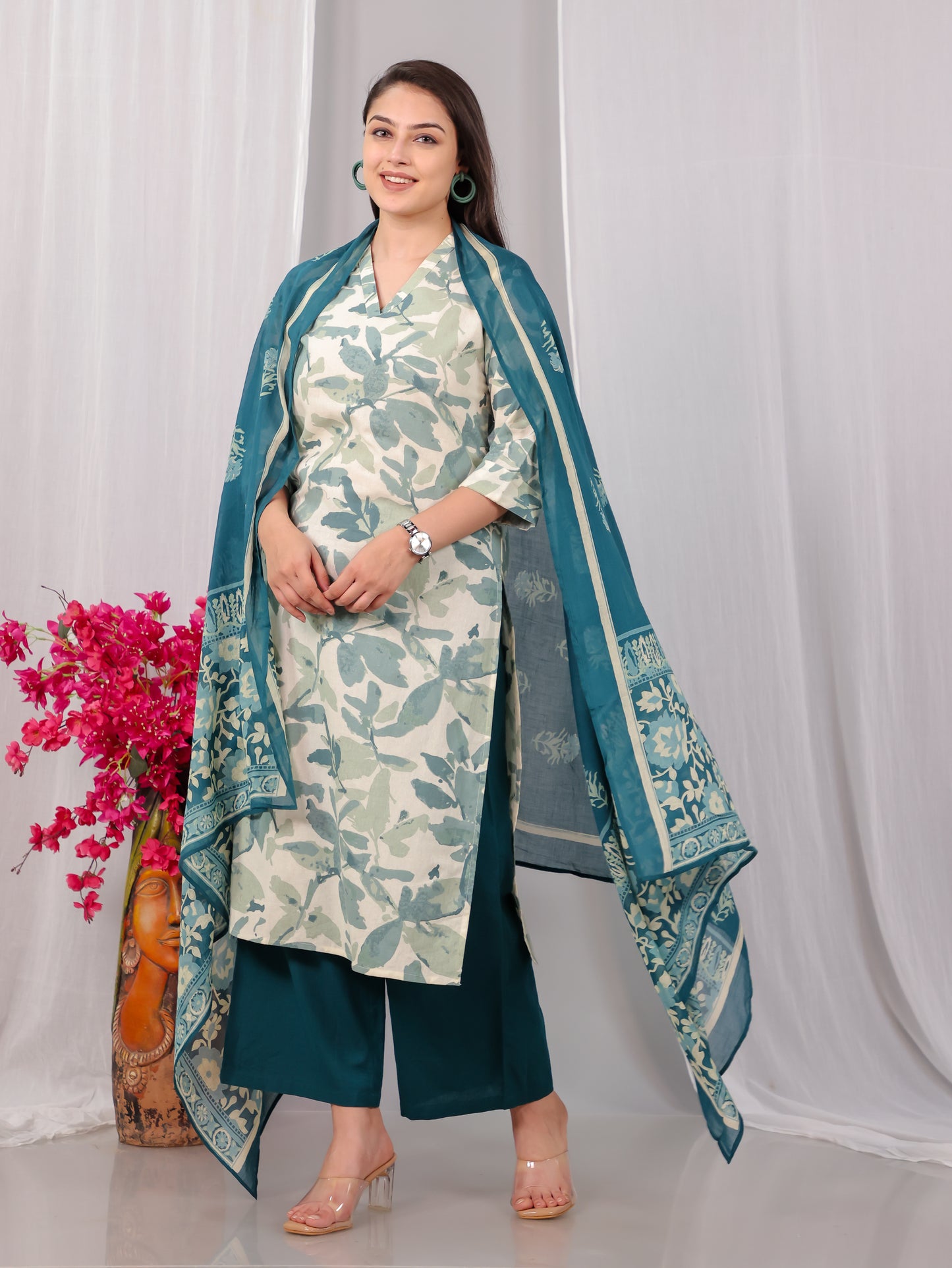 Linen Cotton Foliage Straight Green Kurta