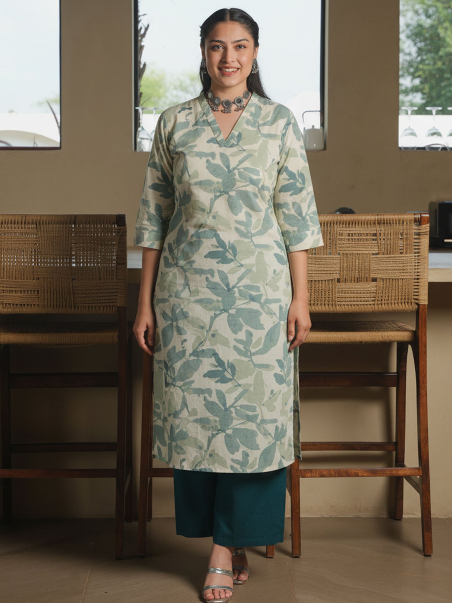 Linen Cotton Foliage Straight Green Kurta