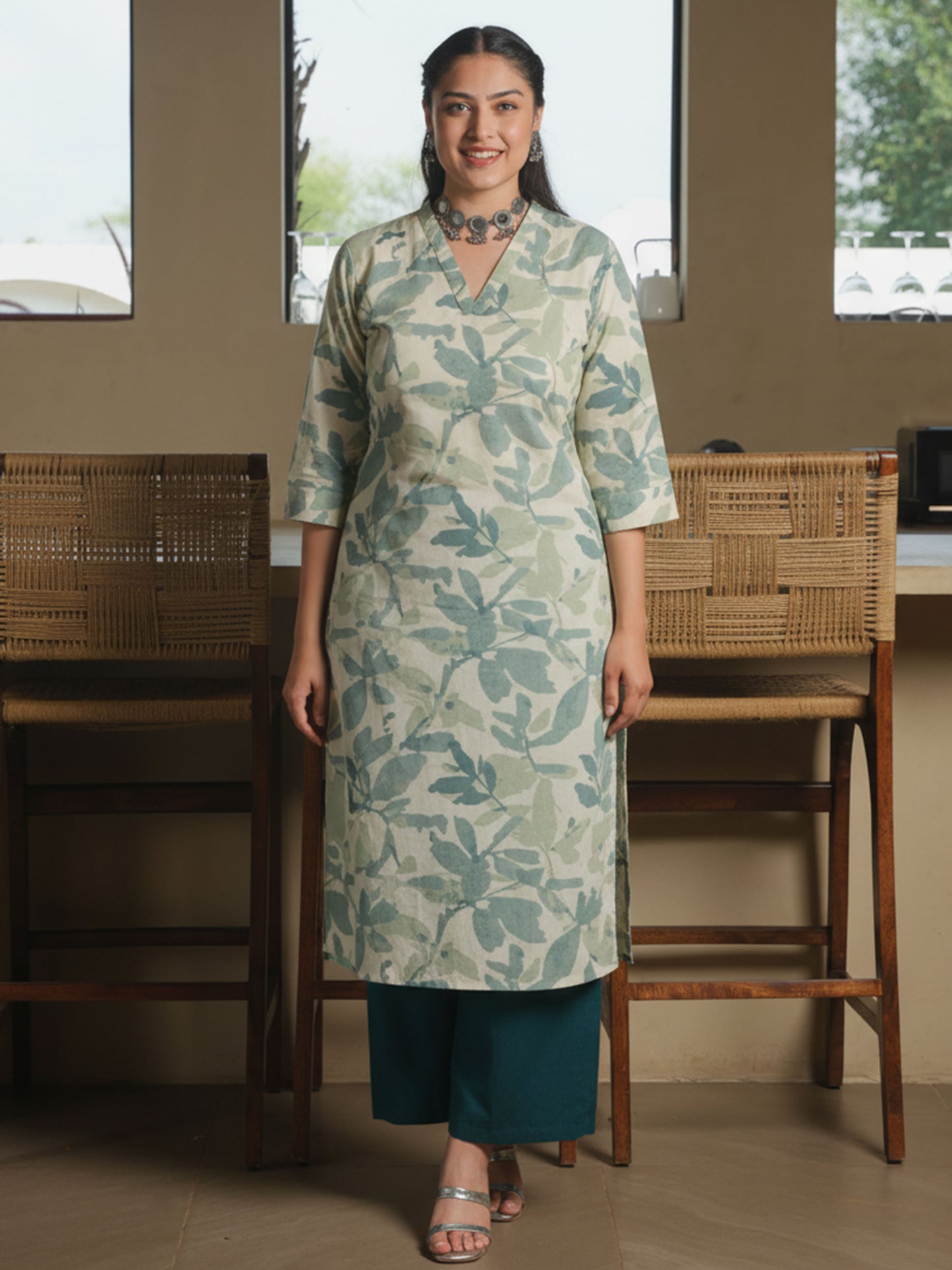 Linen Cotton Foliage Straight Green Kurta