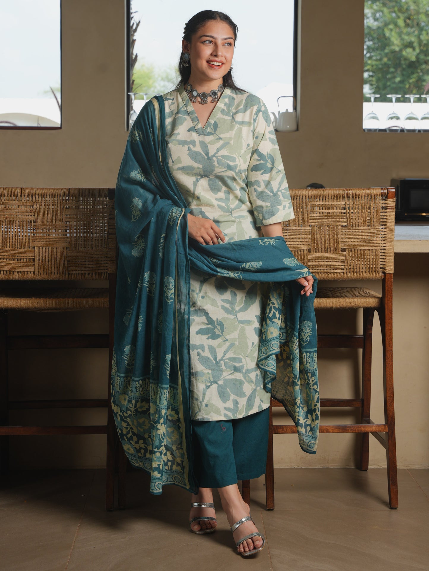 Linen Cotton Foliage Straight Green Kurta