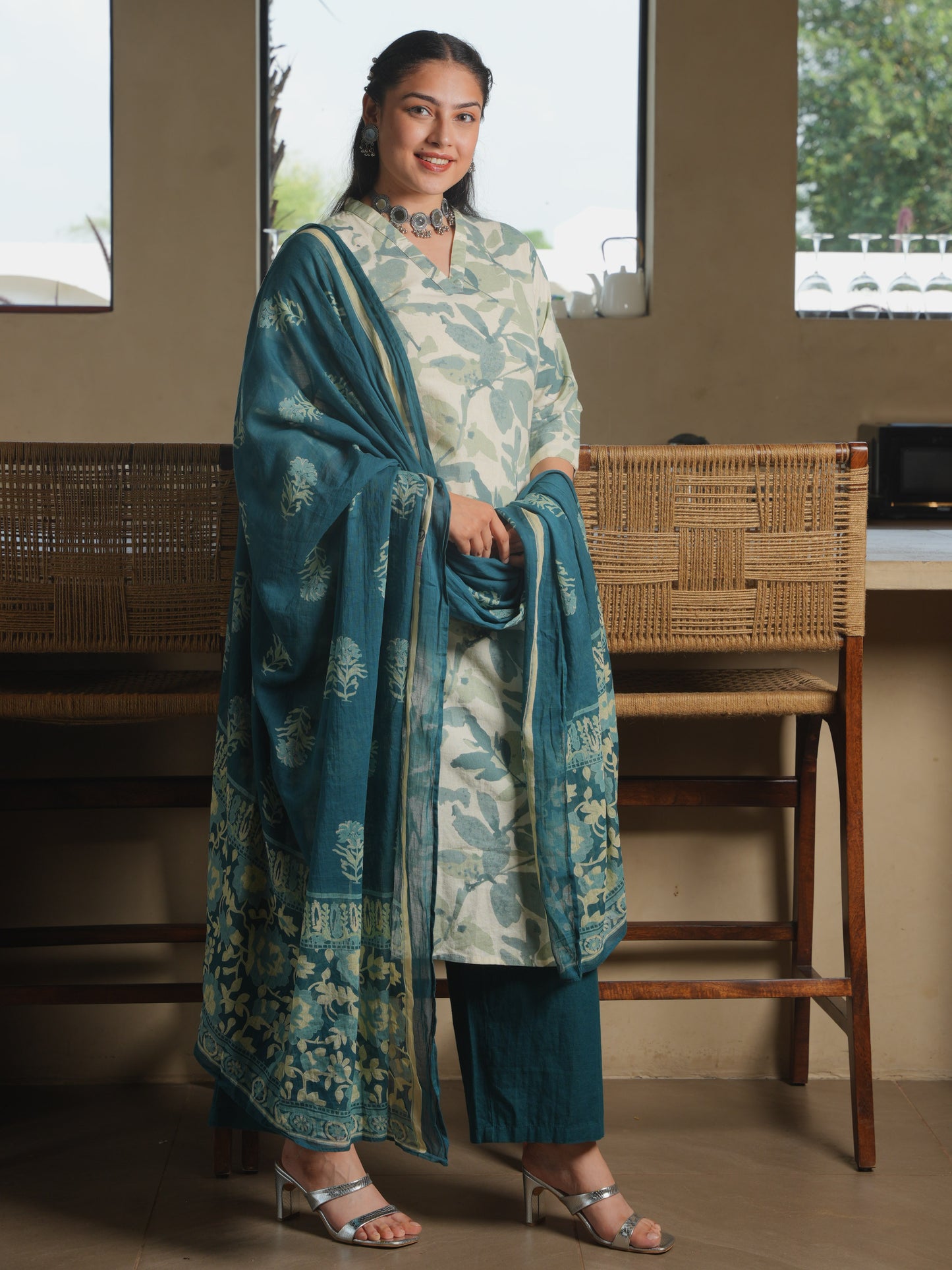 Linen Cotton Foliage Straight Green Kurta