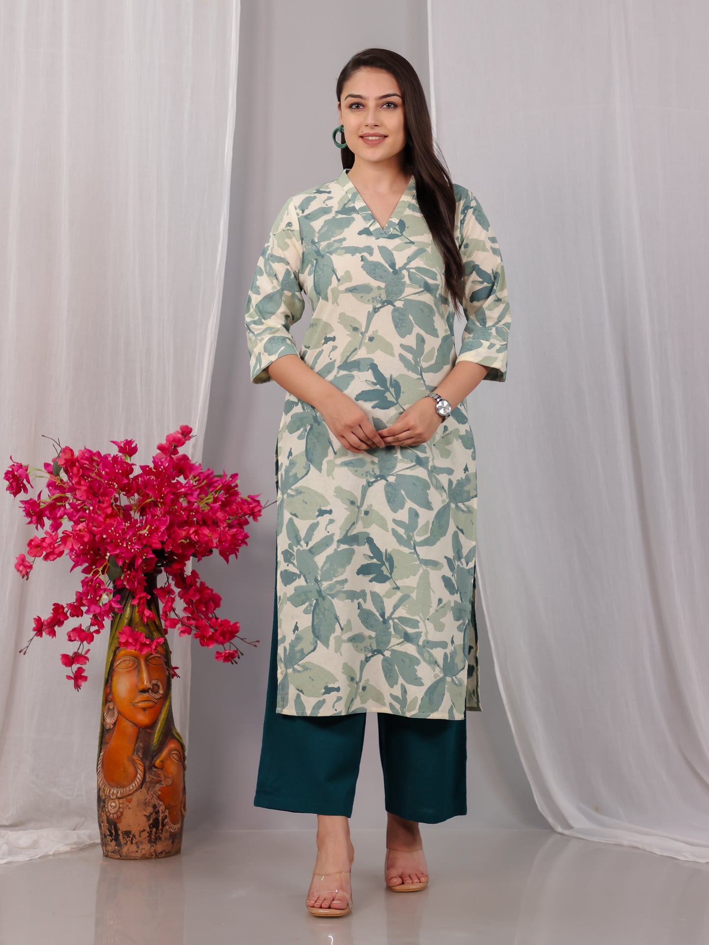 Linen Cotton Foliage Straight Green Kurta