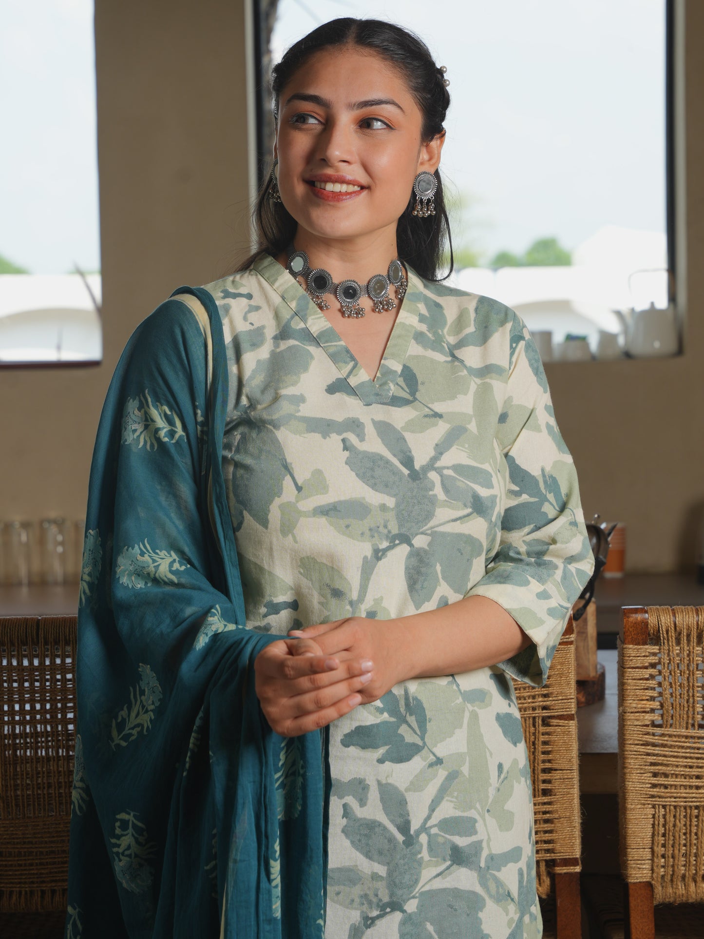 Linen Cotton Foliage Straight Green Kurta