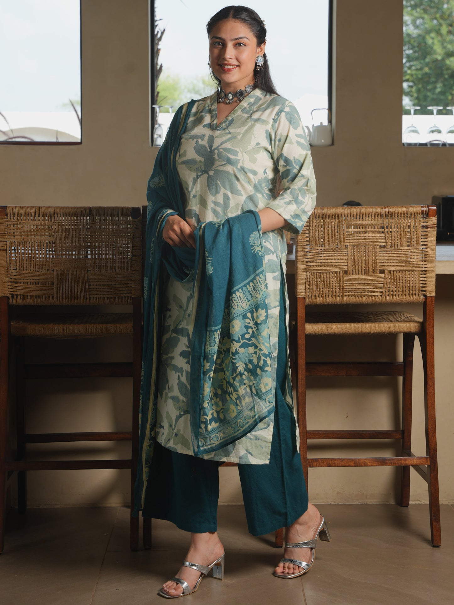 Linen Cotton Foliage Straight Green Kurta