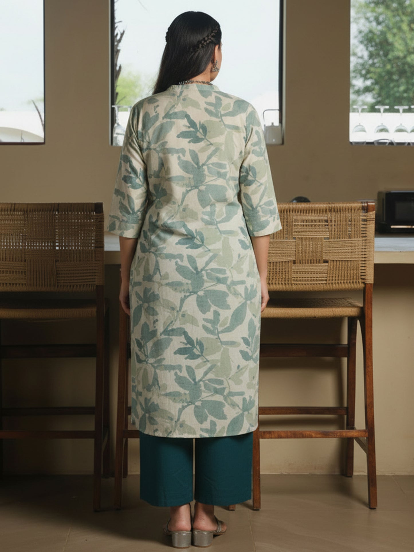 Linen Cotton Foliage Straight Green Kurta