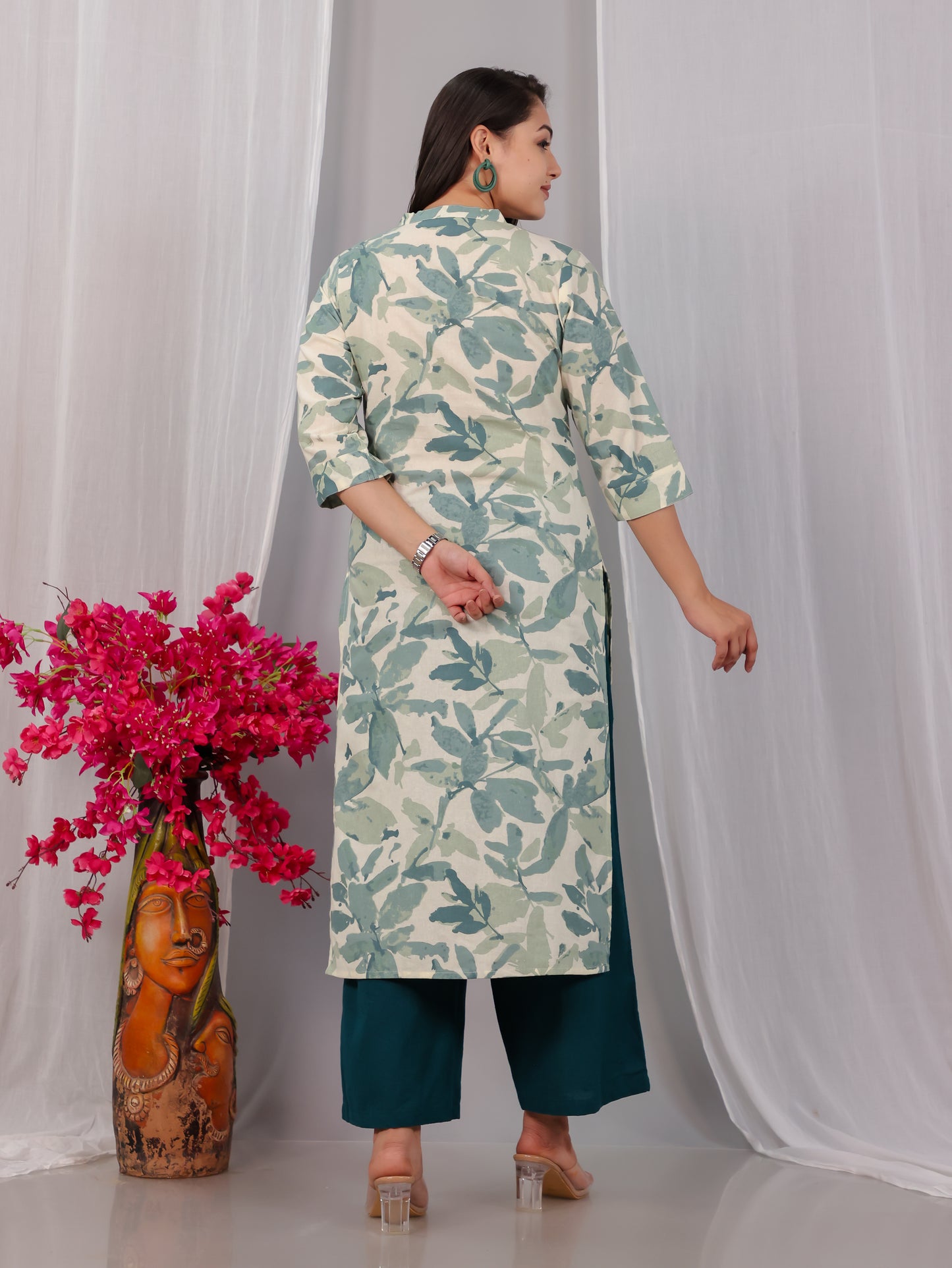Linen Cotton Foliage Straight Green Kurta