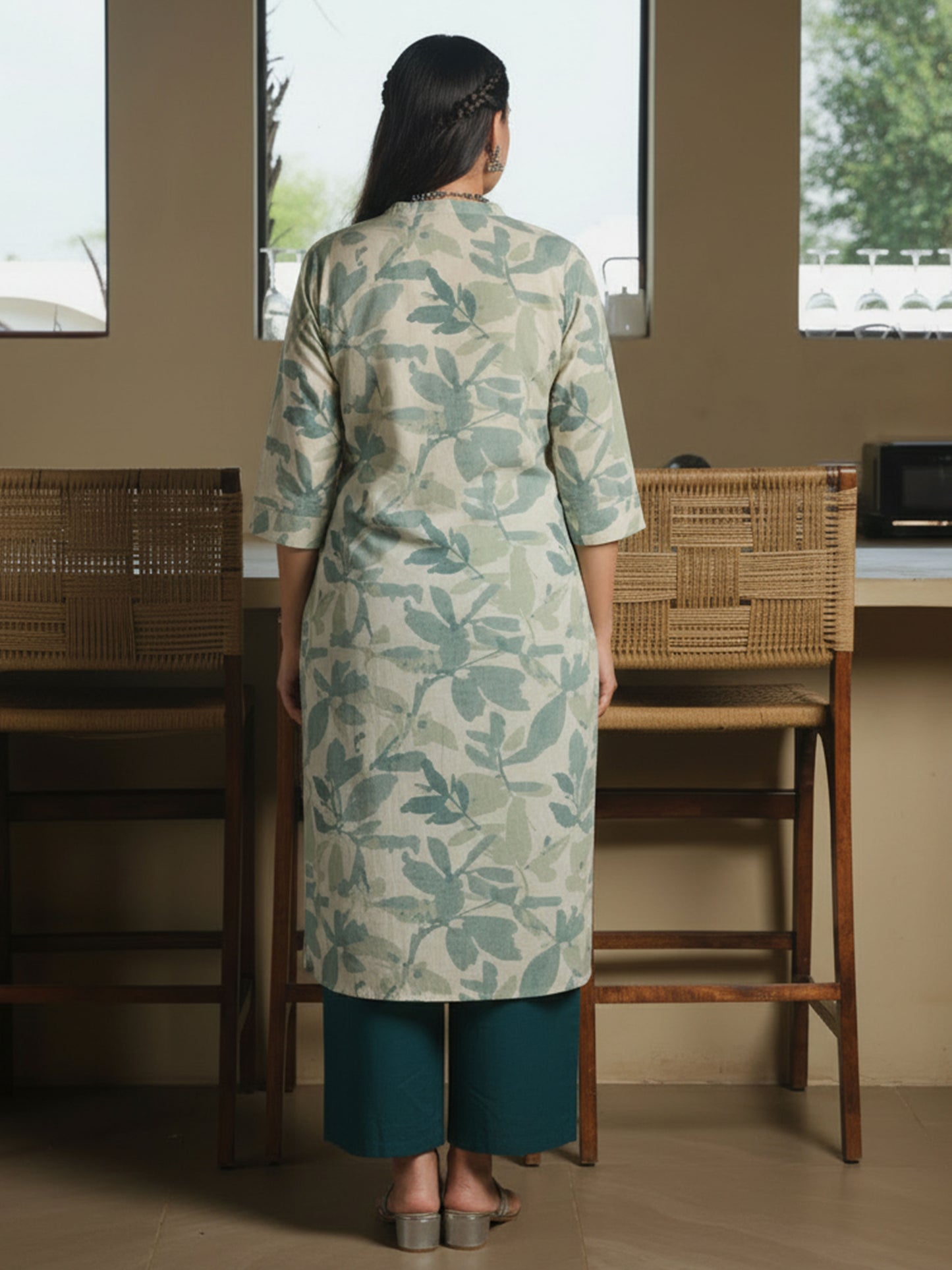 Linen Cotton Foliage Straight Green Kurta