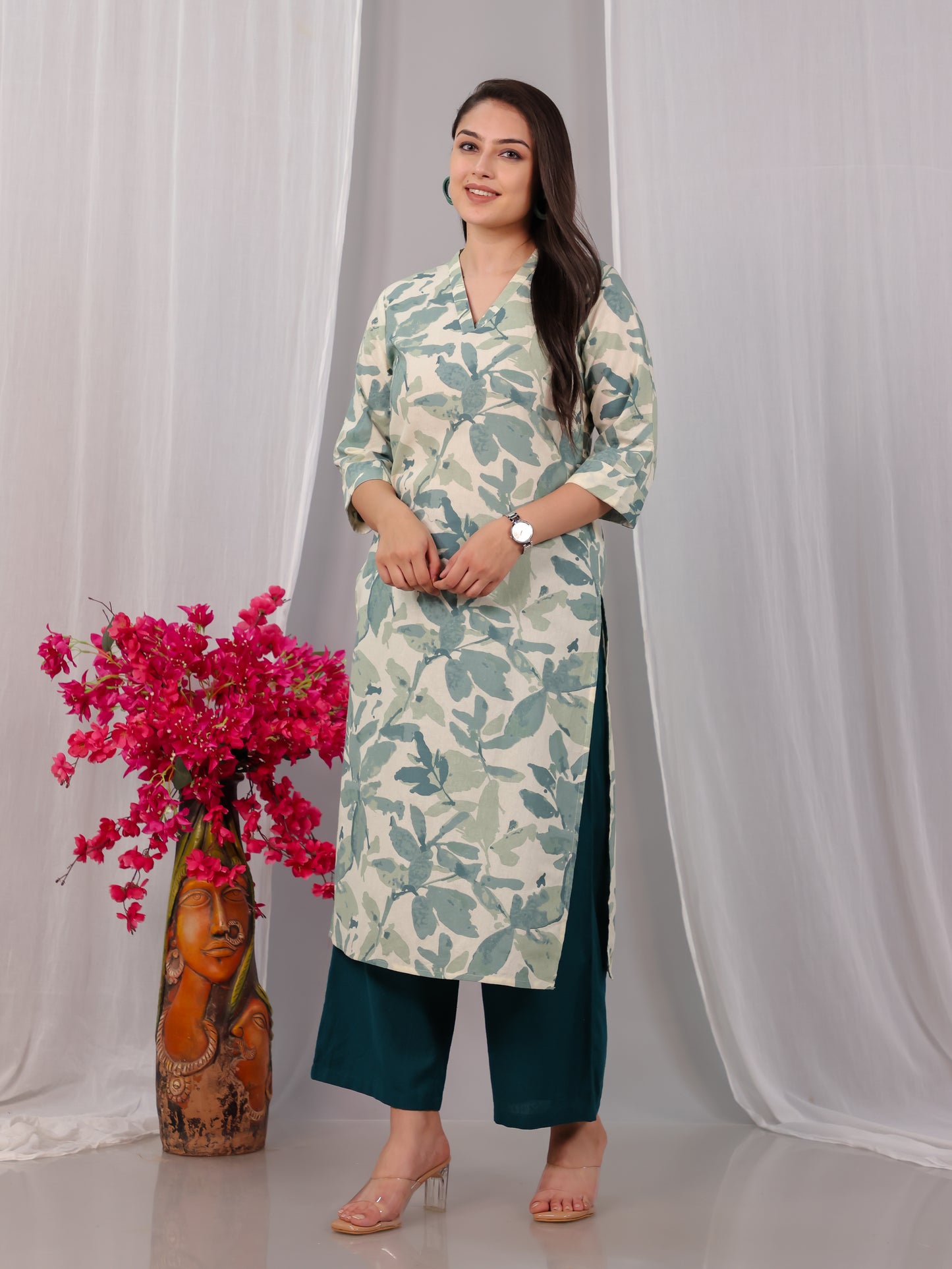 Linen Cotton Foliage Straight Green Kurta