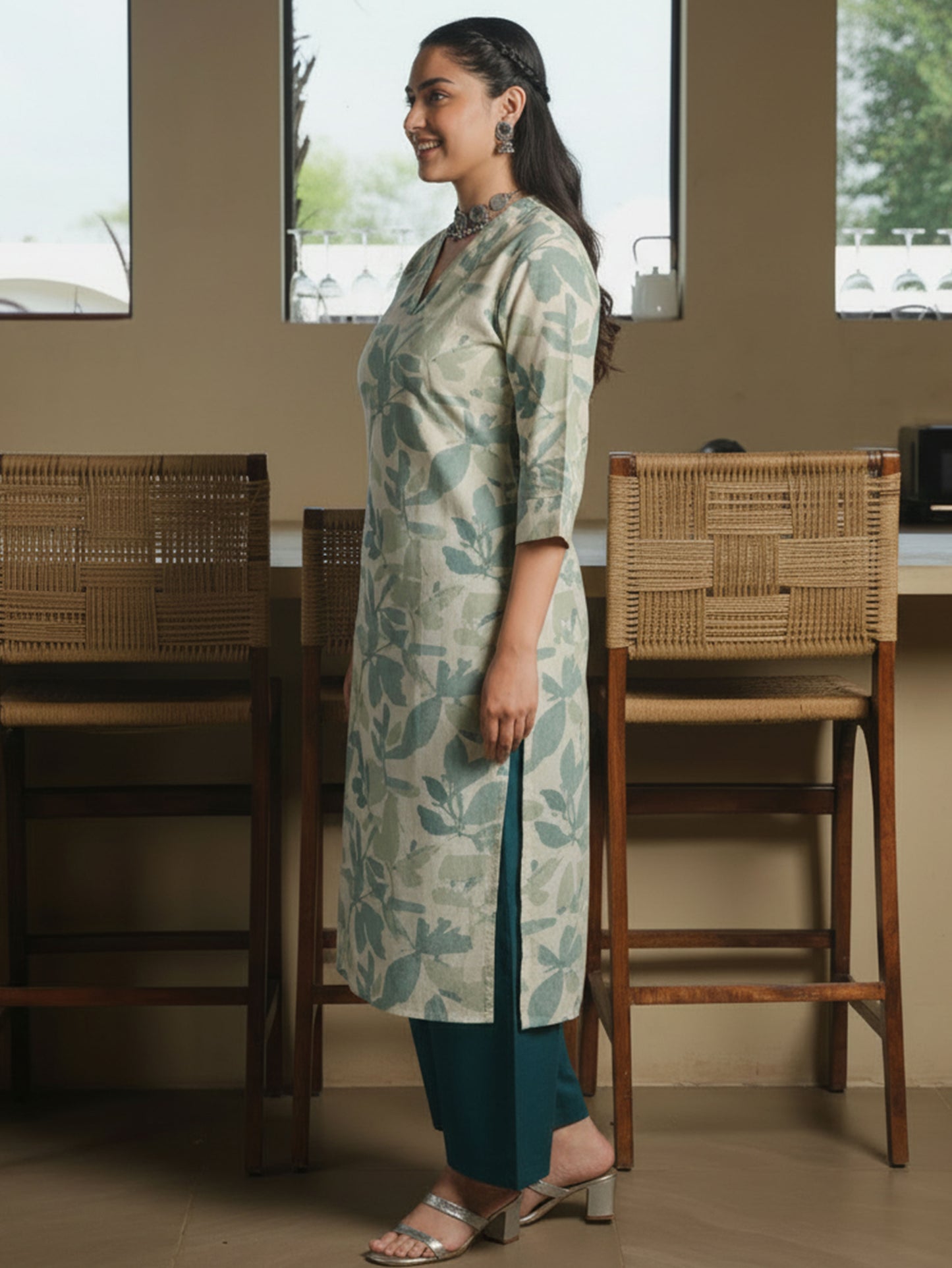 Linen Cotton Foliage Straight Green Kurta