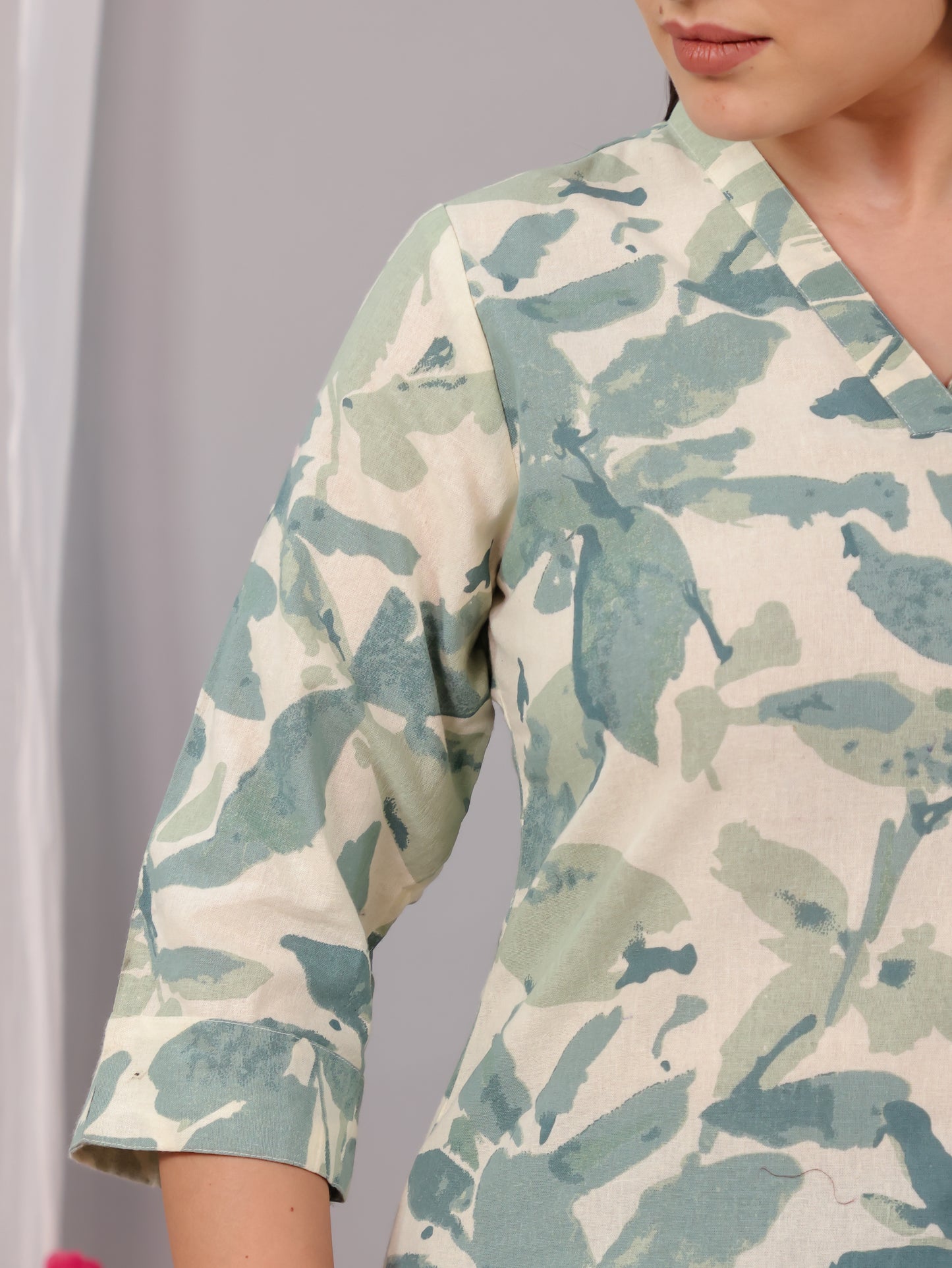 Linen Cotton Foliage Straight Green Kurta