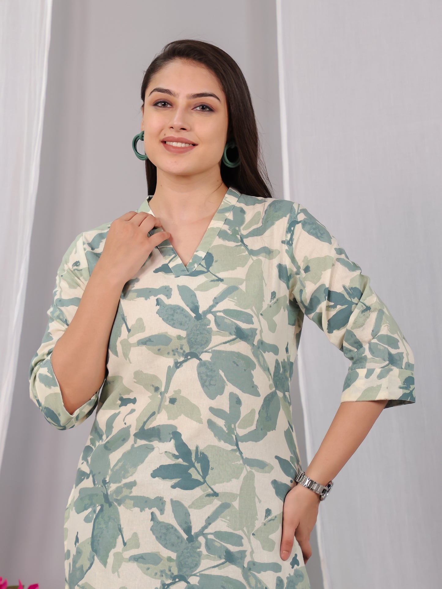 Linen Cotton Foliage Straight Green Kurta