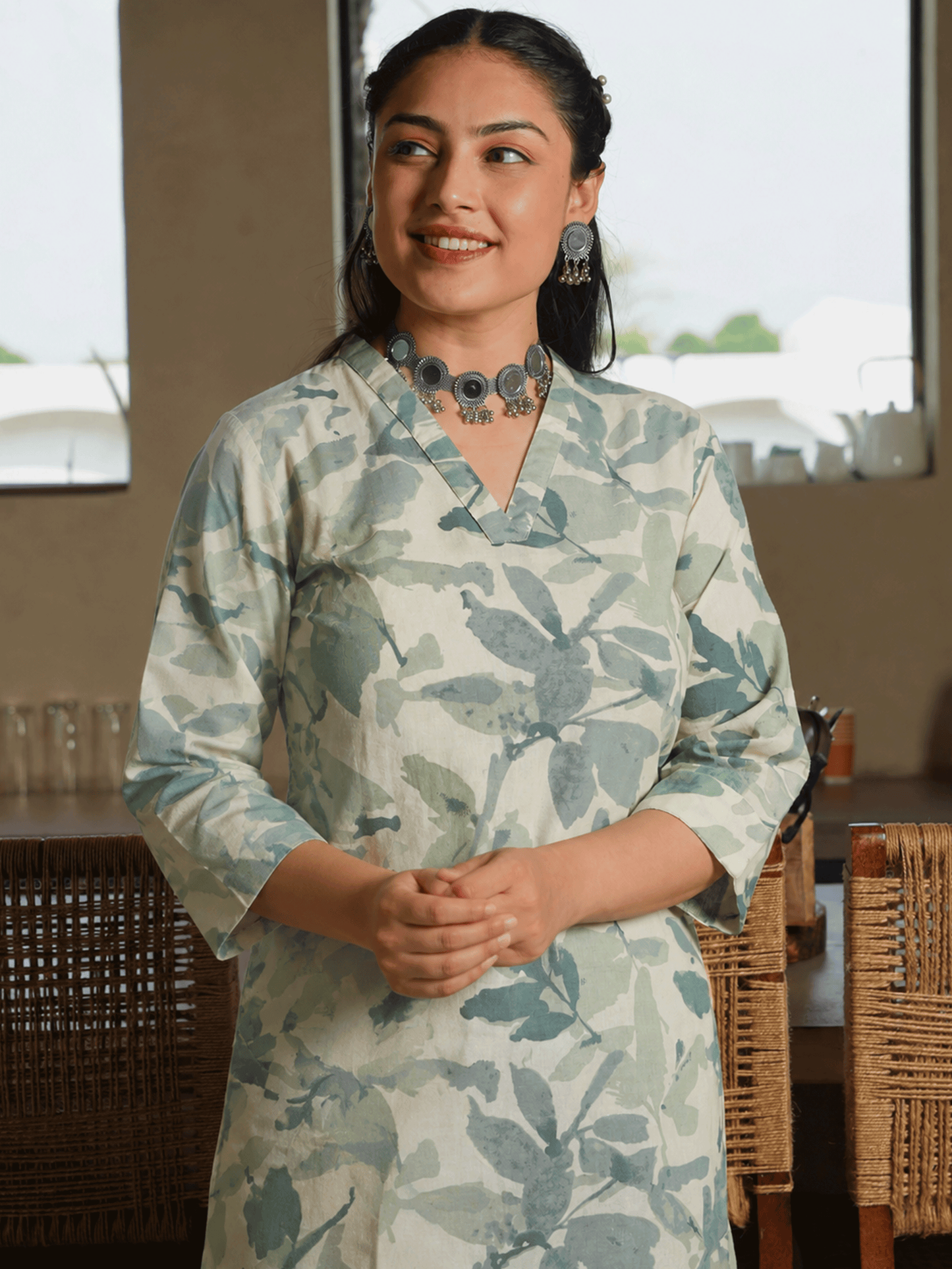Linen Cotton Foliage Straight Green Kurta