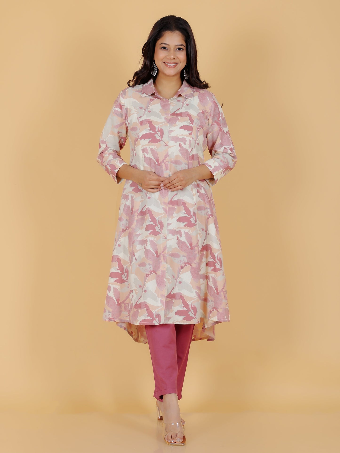 Linen Cotton Foliage High Low Pink Kurta