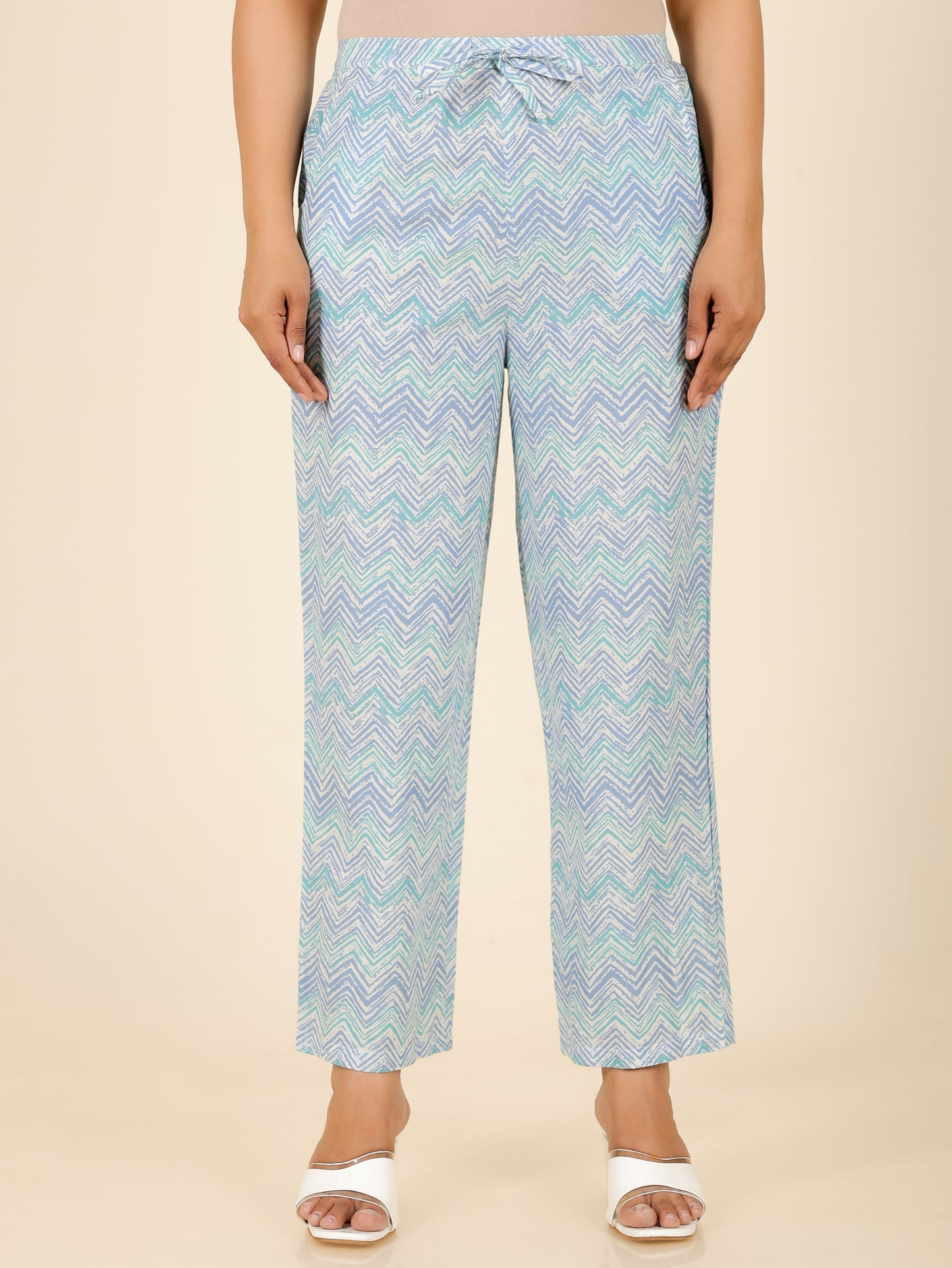 Soft Cotton Chevron Blue Straight Trousers